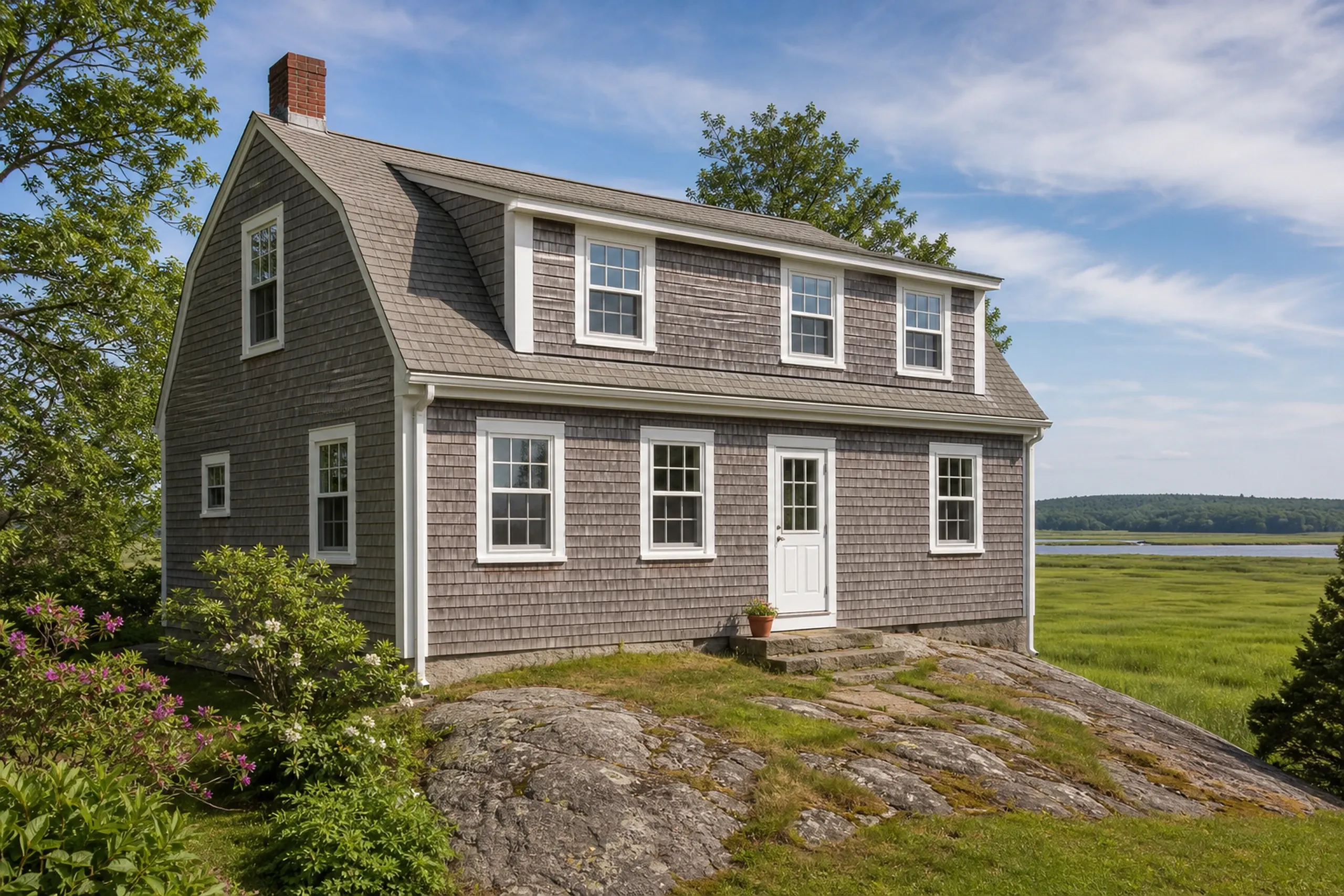 Window replacement in South Thomaston: gray shingled gambrel-roof house with white-trimmed windows, a white door and brick chimney on a rock ledge above marsh grass and river