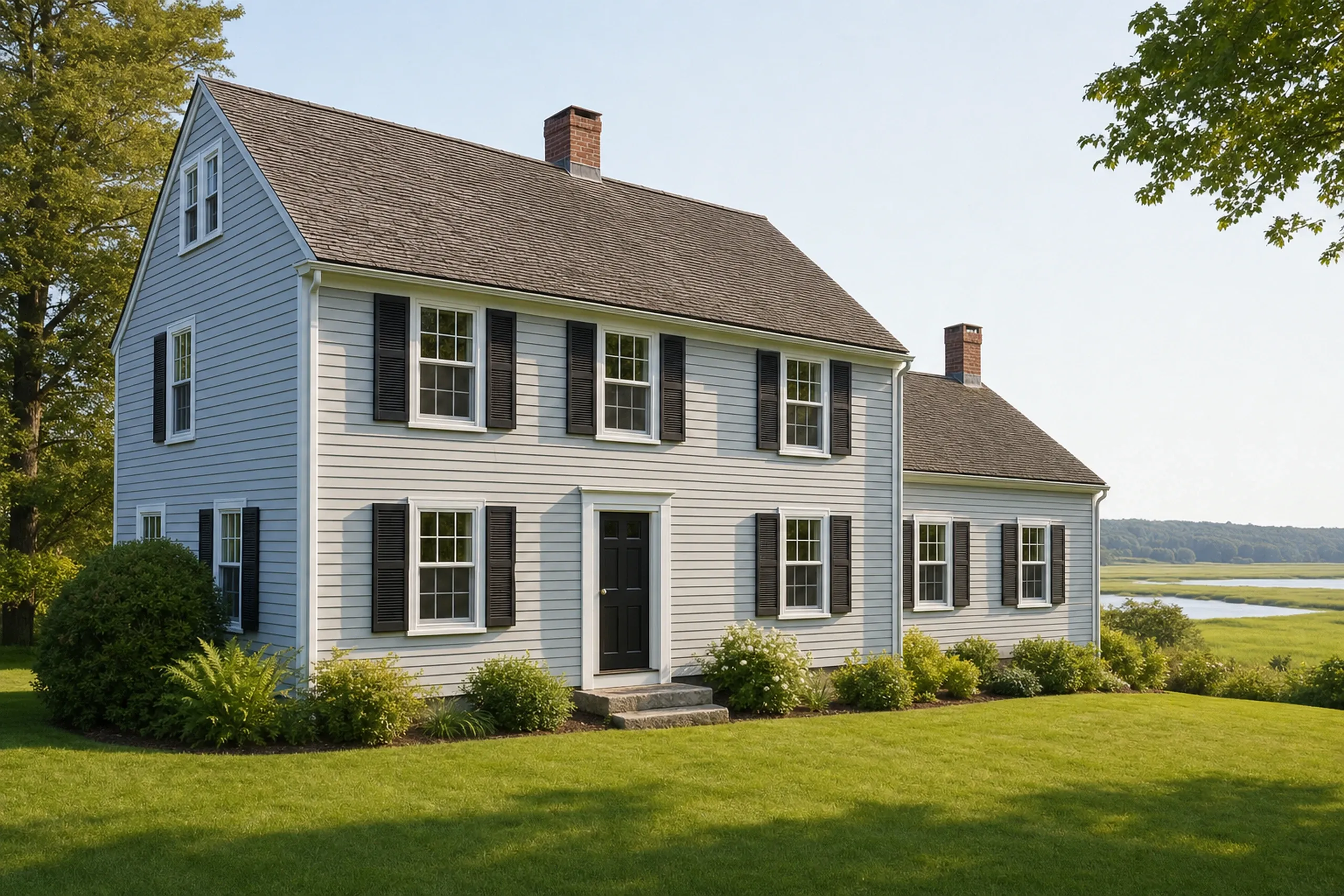 Window replacement in South Thomaston, ME: pale blue clapboard colonial with black shutters, a black front door, two brick chimneys and a side wing, on a lawn near a marsh