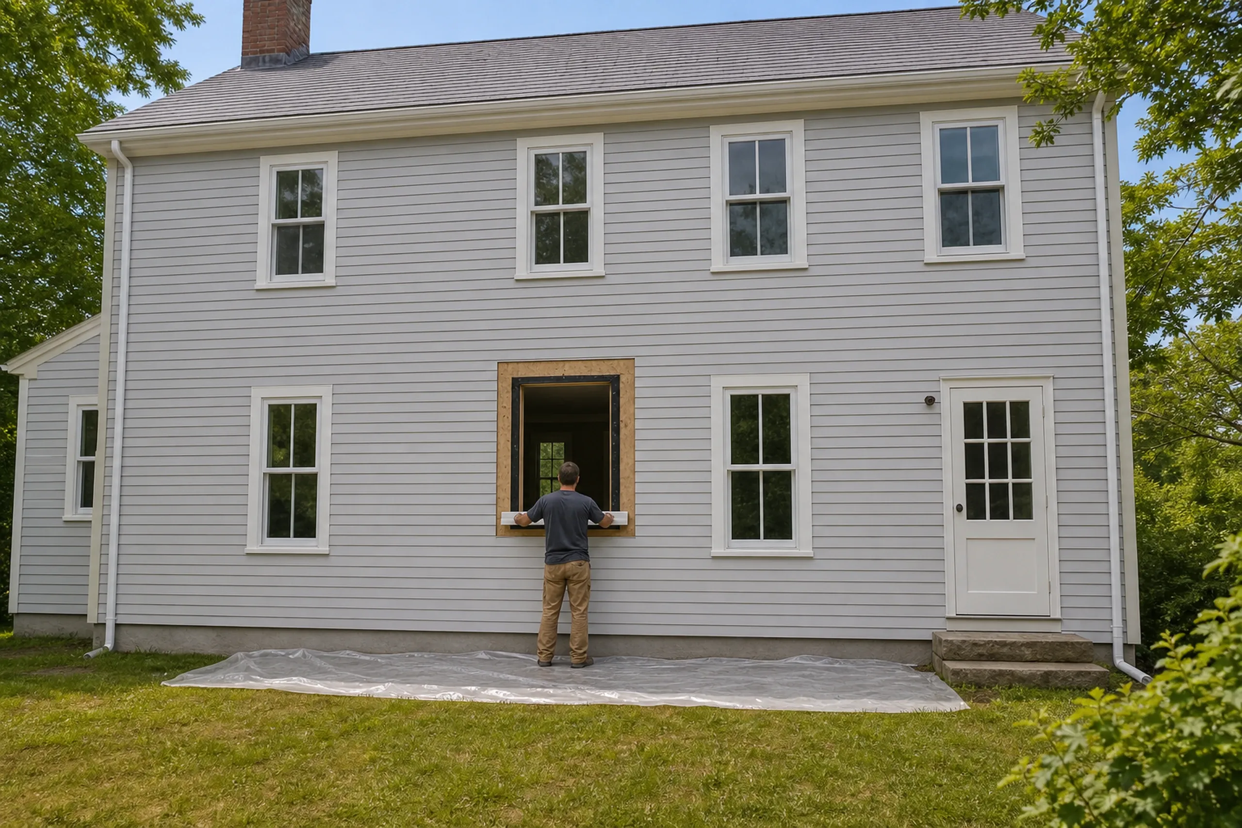 Window replacement in South Thomaston: man in a gray shirt and tan pants, seen from behind, leaning into a window opening wrapped in black tape, plastic sheeting below