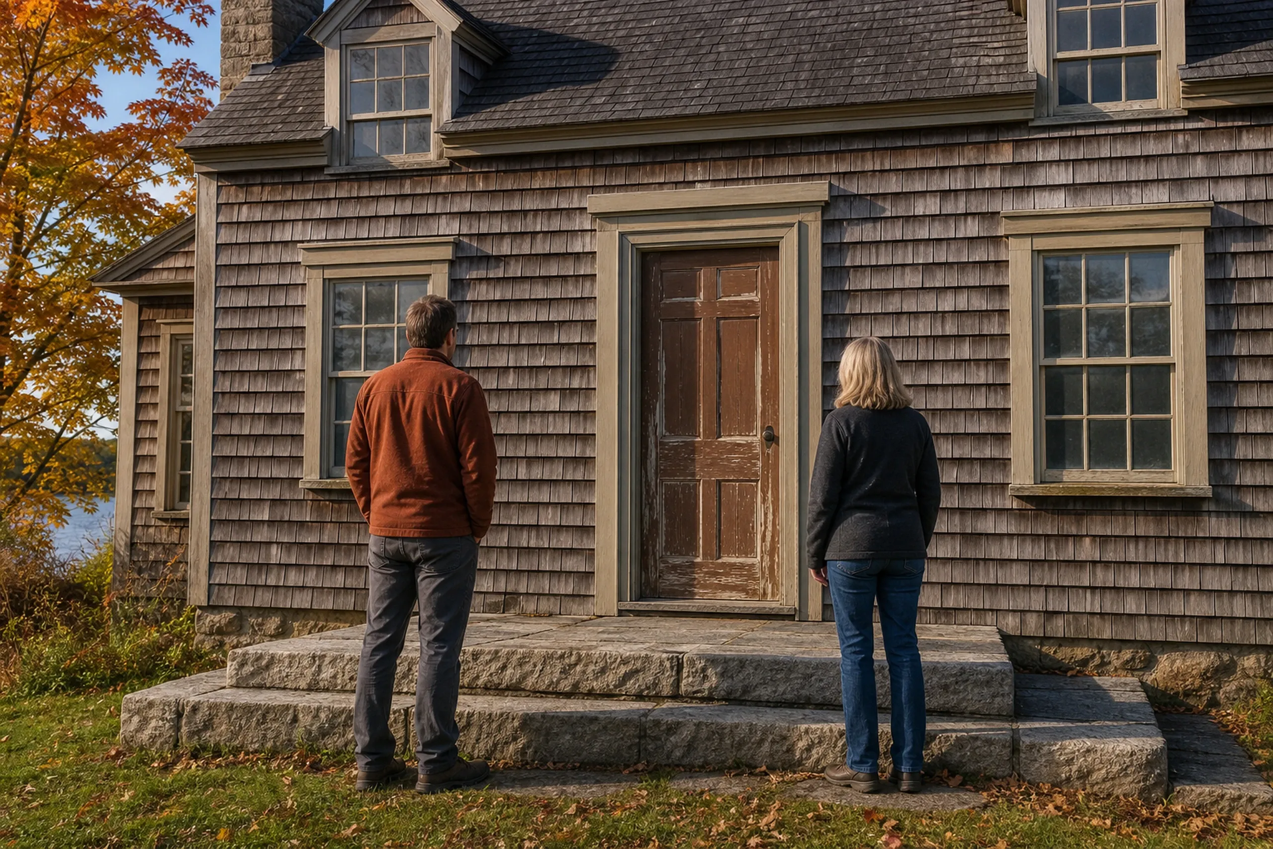 Window replacement in South Thomaston: two people seen from behind facing a weathered brown shingle house with dormers and a worn wooden door, beside an orange maple in autumn