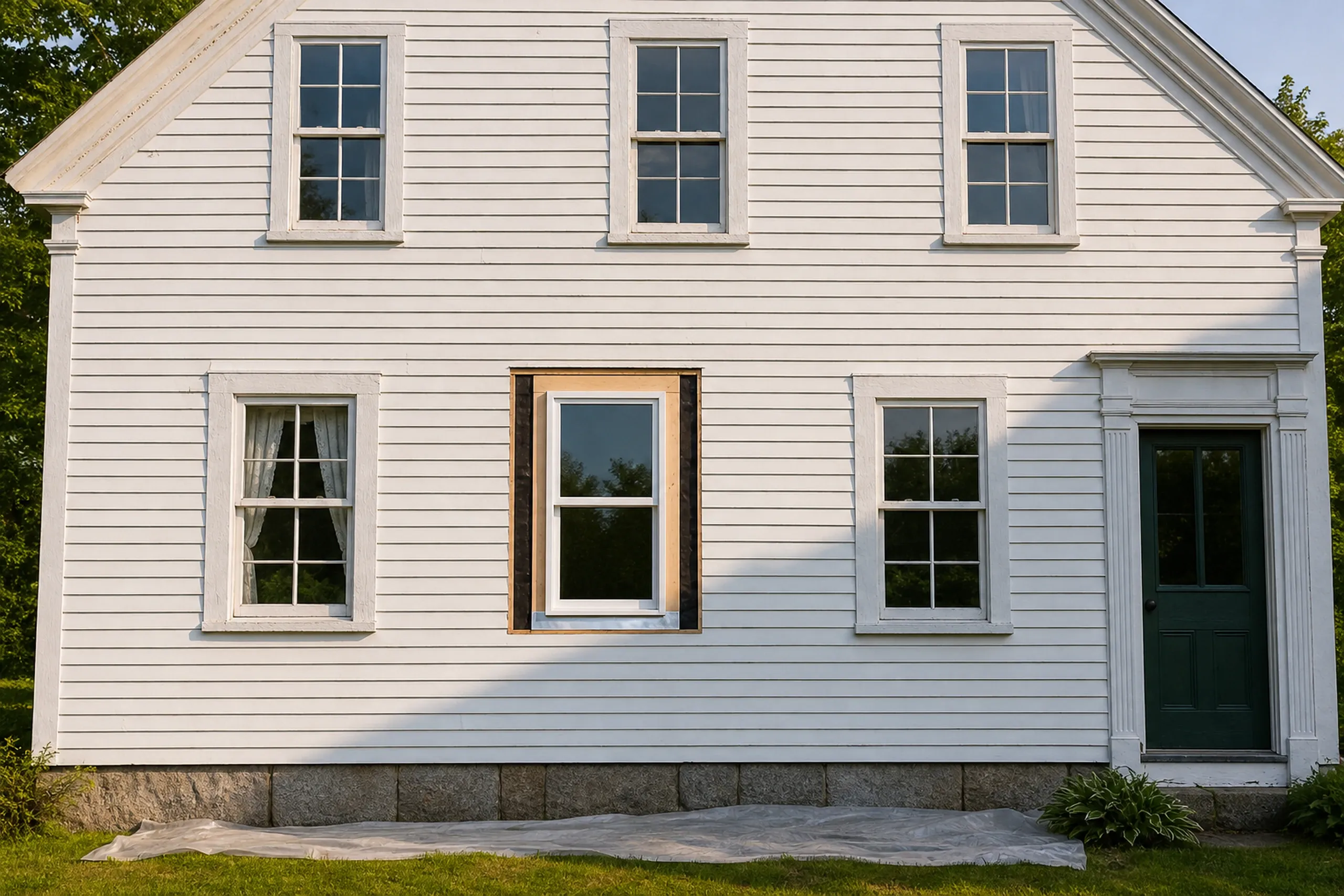 Window replacement in South Thomaston: white clapboard wall with a new white window set in an opening lined with black tape, plastic sheeting on the grass, a green door at right