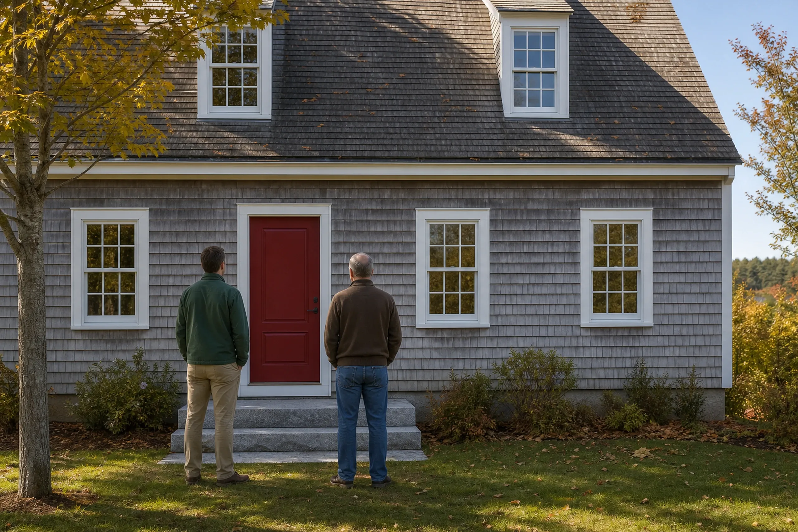 Window replacement in South Thomaston: two people in a green jacket and a brown sweater, seen from behind, facing a gray shingle cape with a red door, among autumn leaves