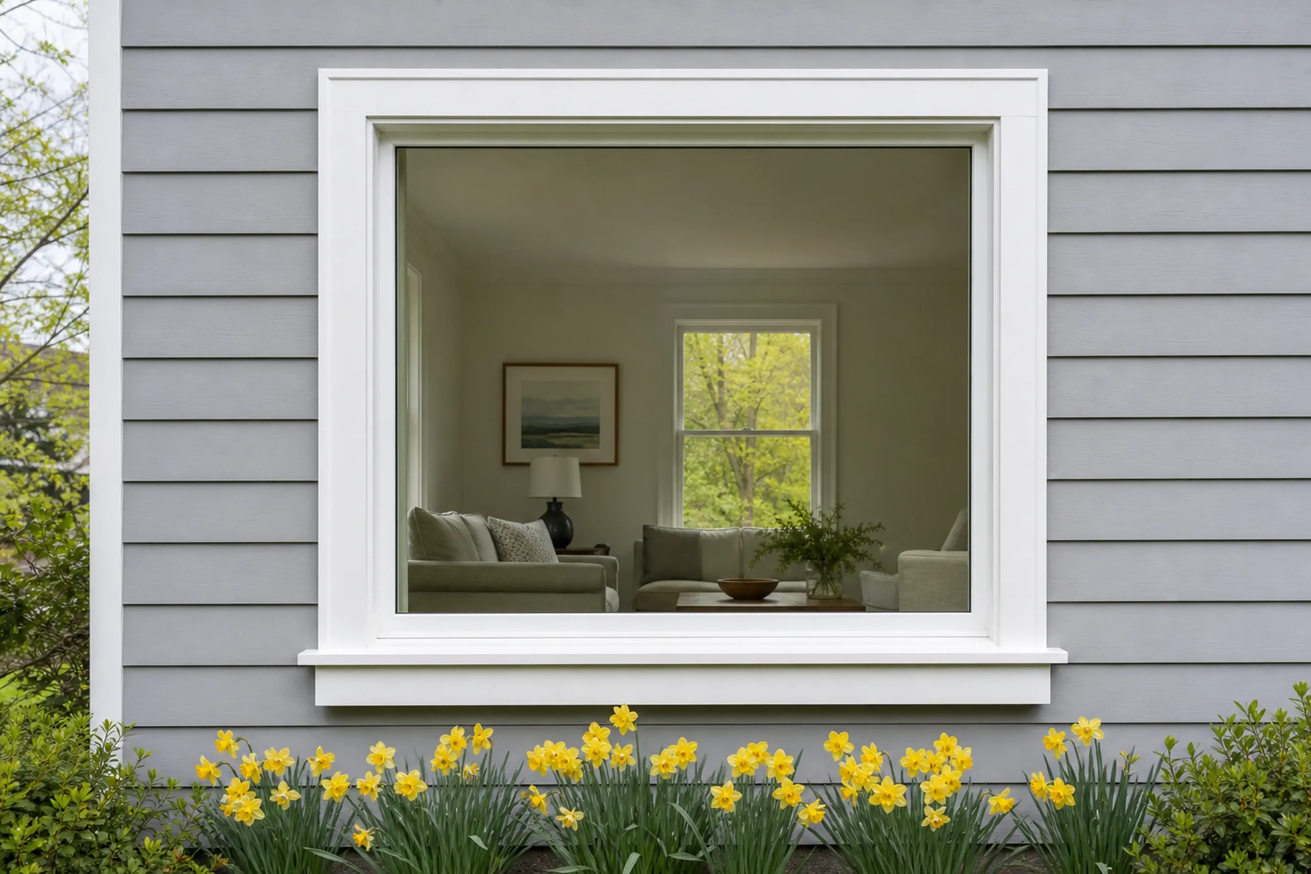 Window replacement in South Thomaston: large white-framed picture window on gray siding showing a living room with sofas, with yellow daffodils growing below