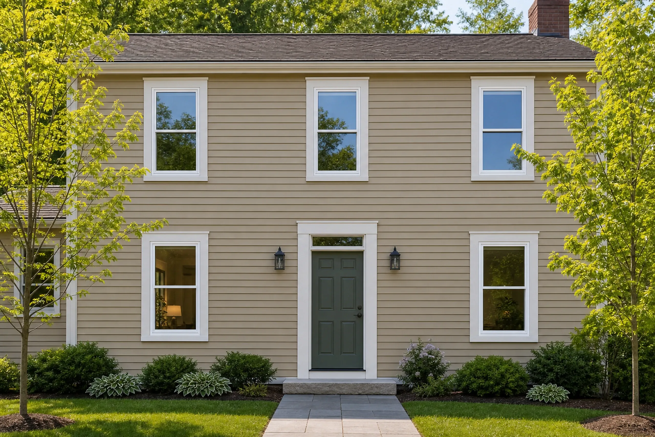 Window replacement in South Thomaston: tan clapboard two-story house with white-framed one-over-one windows, a green paneled door between two lanterns, hostas and young trees