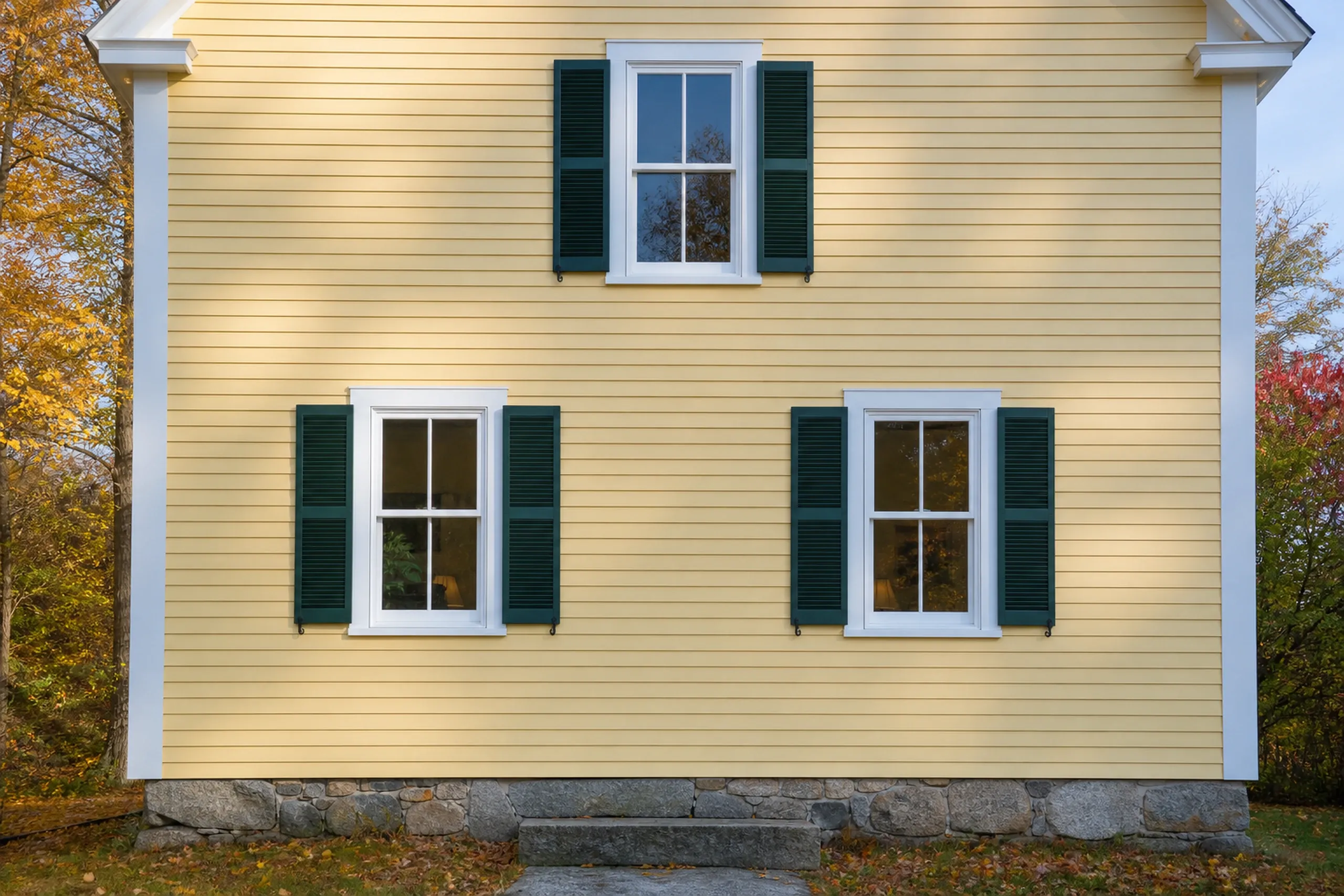 Window replacement in South Thomaston: yellow clapboard gable wall with three white double-hung windows, green louvered shutters and a fieldstone foundation, with autumn trees