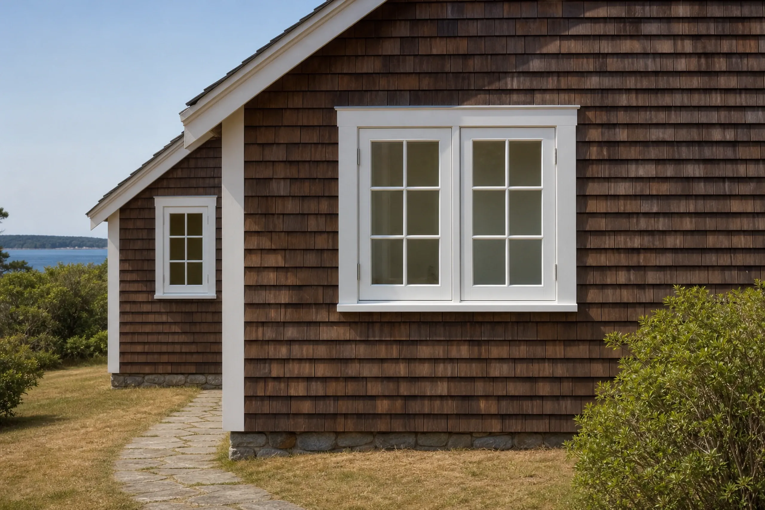 Window replacement in St. George: paired white windows with six panes each in one frame on dark brown shingles, a small window at left, a stone path and water beyond