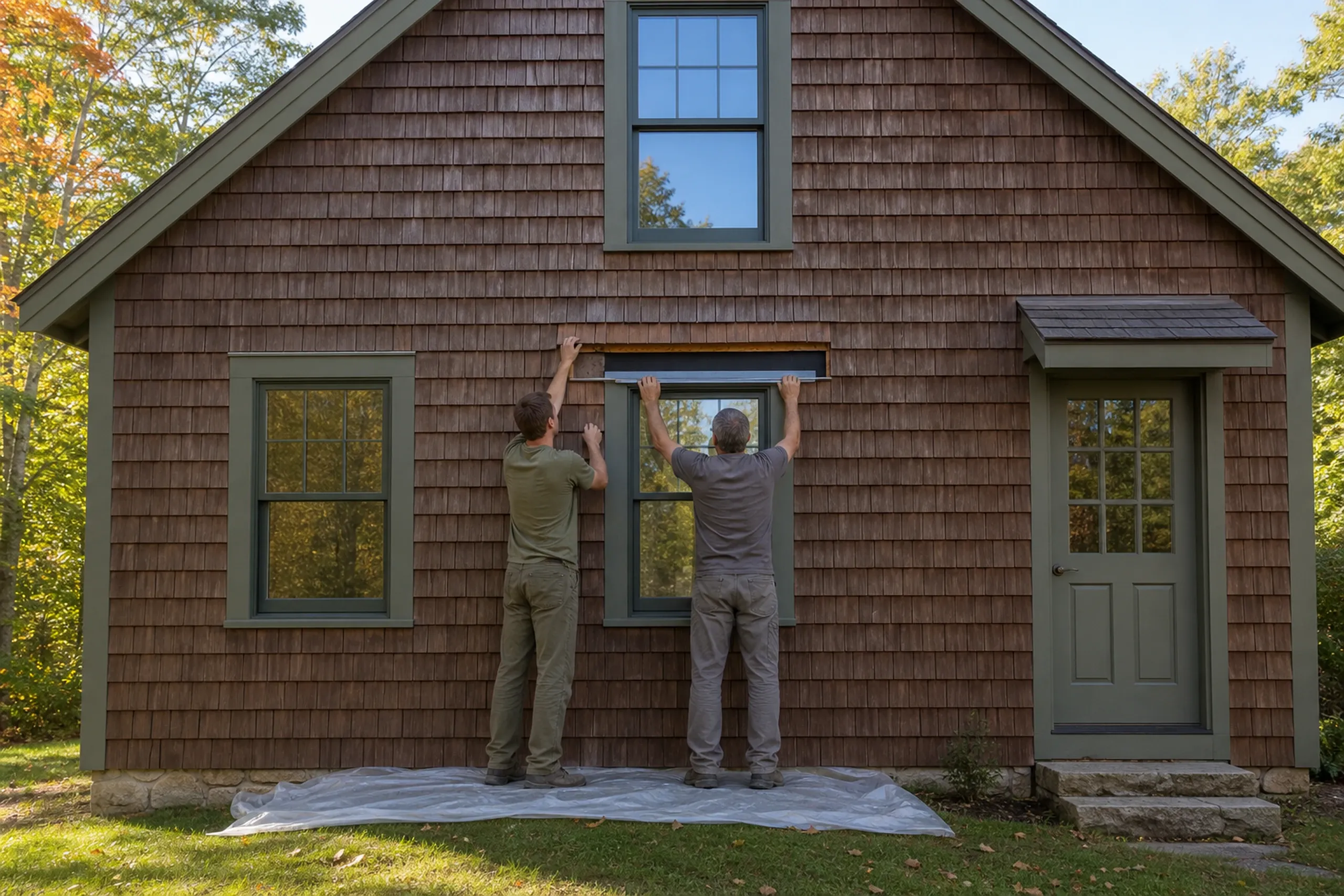 Window replacement in St. George: two men, seen from behind, holding a flat gray strip above a window on a brown shingle house with green trim, plastic sheeting below