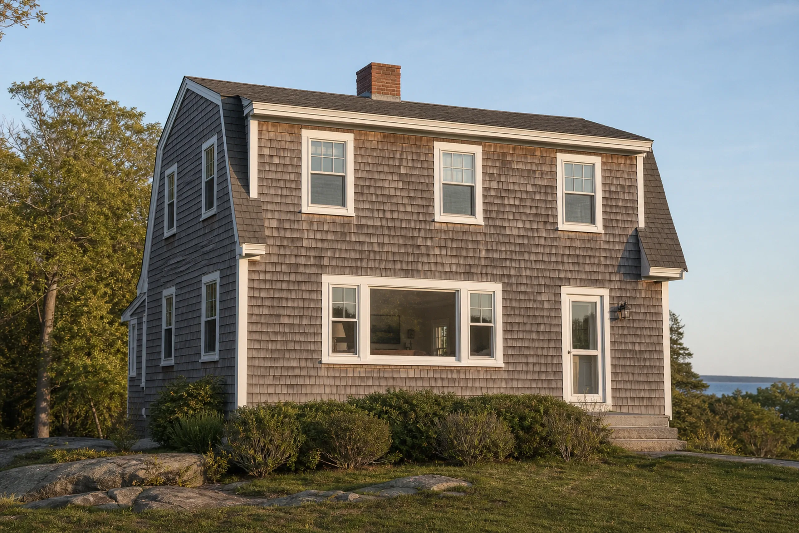 Window replacement in St. George: gray-brown shingled gambrel house with white trim, a wide picture window, a white door, a brick chimney and rocks on the lawn