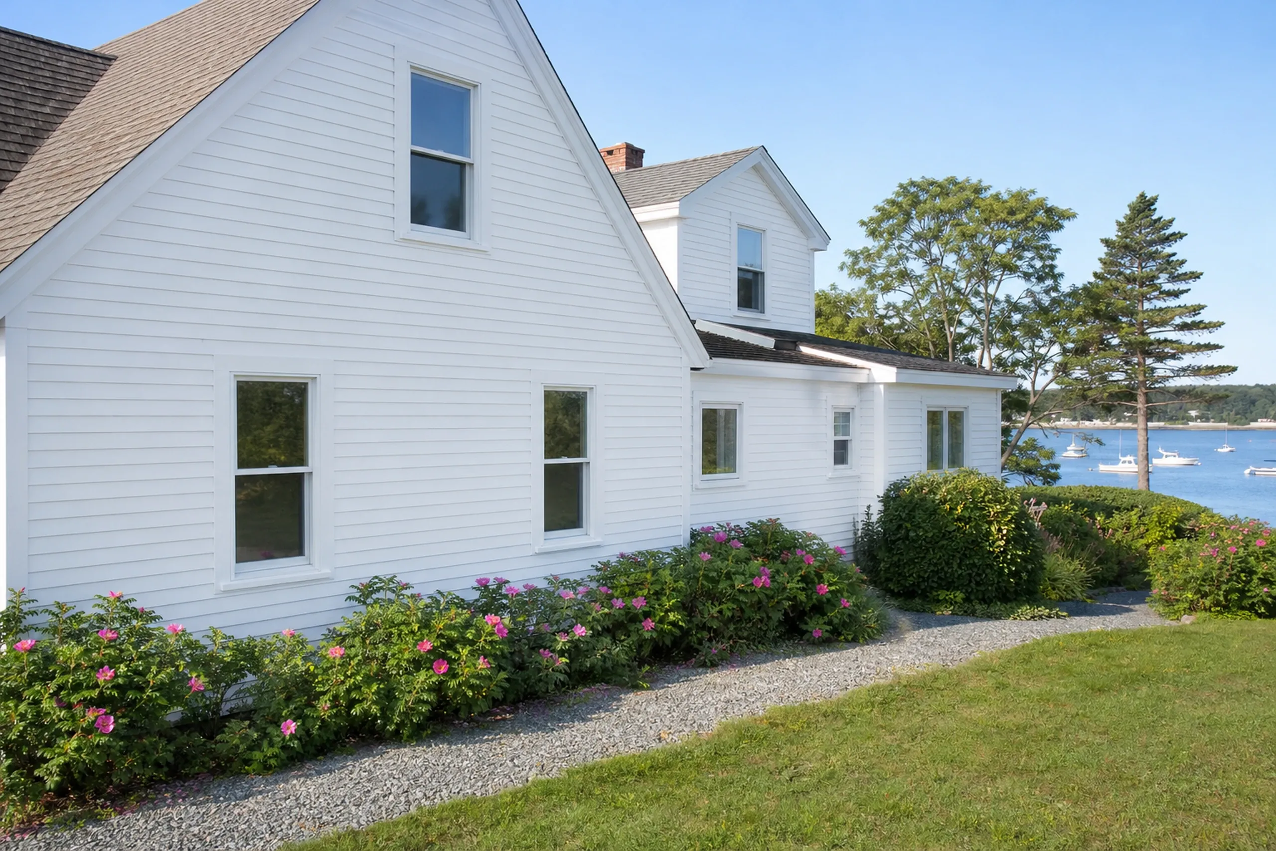 Window replacement in St. George: white clapboard cape with double-hung windows, a gravel path lined with pink-flowered shrubs and moored boats on the harbor at right