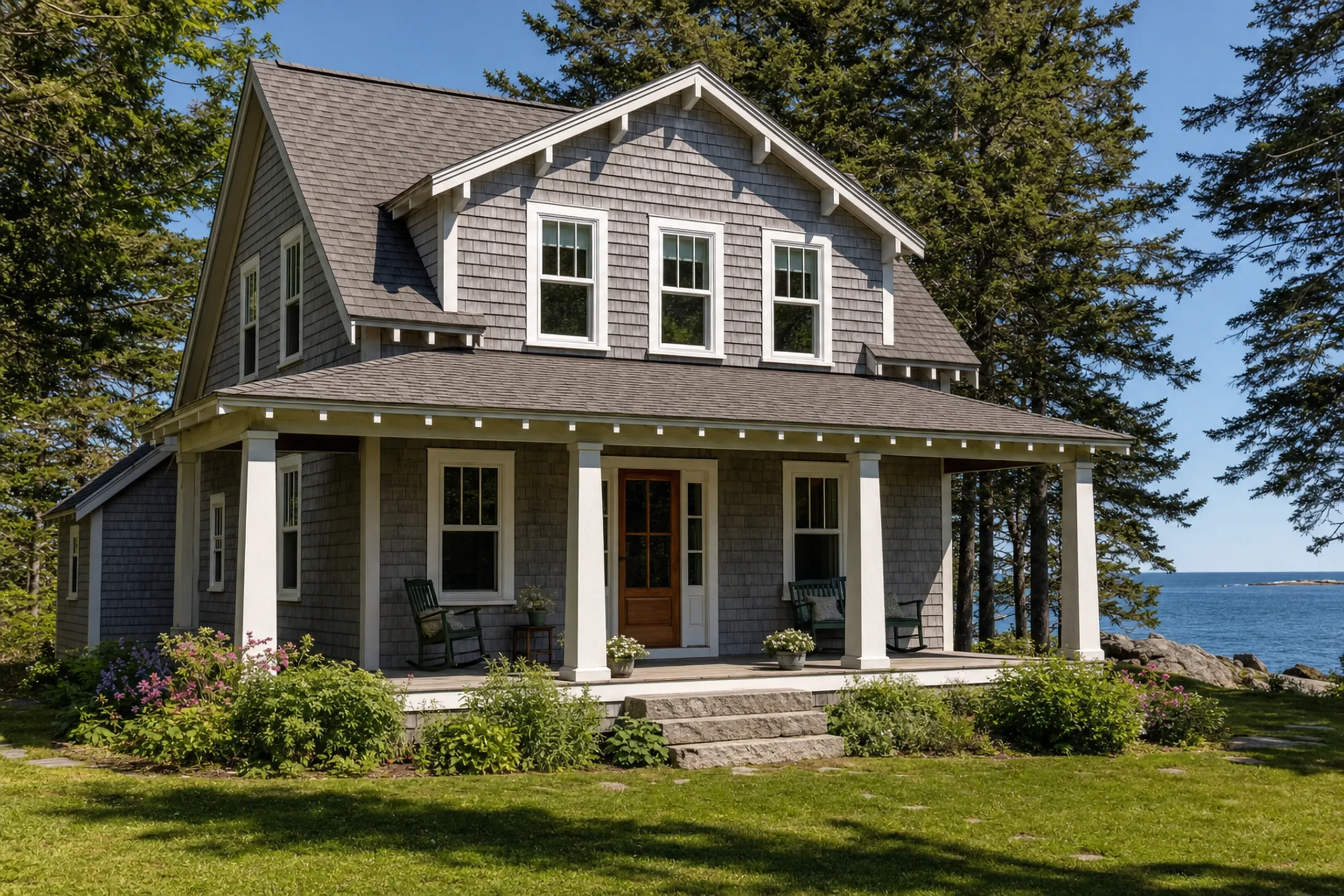 Window replacement in St. George, ME: gray shingled two-story house with a covered porch, white columns, double-hung windows, granite steps and spruce trees beside the ocean