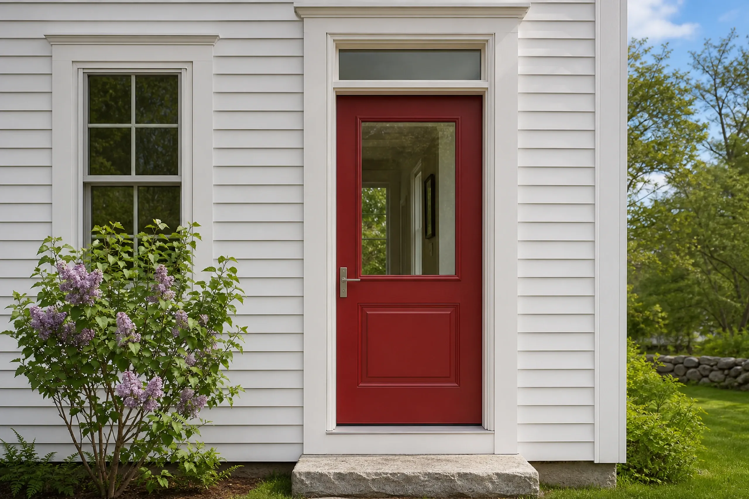 Window replacement in St. George: red half-glass entry door with a transom in a white clapboard wall, beside a double-hung window, a blooming lilac and a granite step