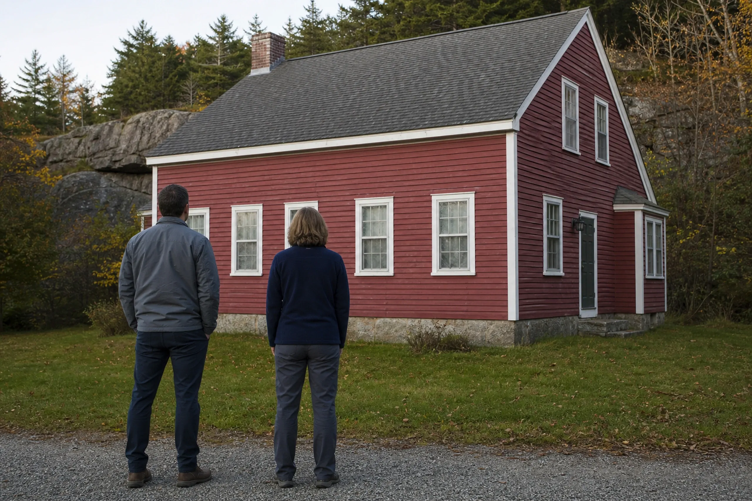 Window replacement in St. George: two people seen from behind facing a red clapboard Cape house with white-trimmed windows and a granite foundation, yellow leaves in autumn