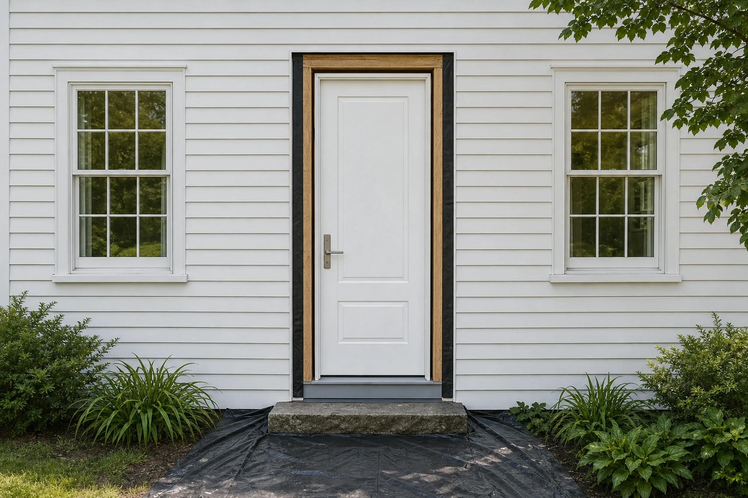 Window replacement in St. George: white paneled door in a frame of raw wood and black tape between two double-hung windows, black plastic sheeting under the granite step