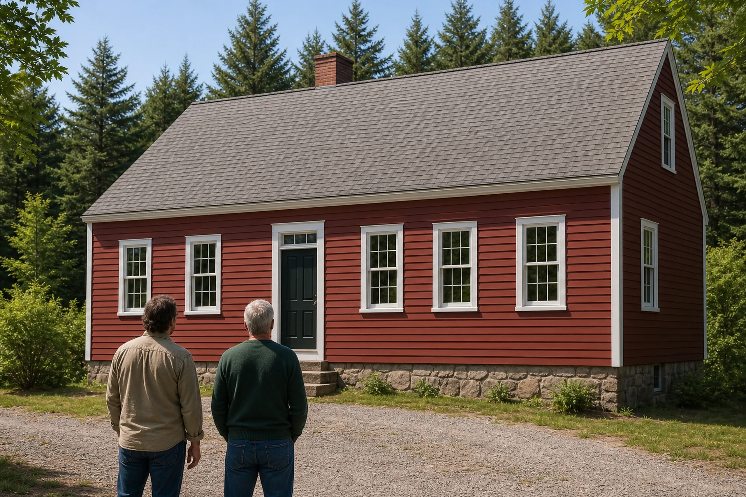 Window replacement in St. George final walkthrough: red clapboard house with a dark green door and white-trimmed double-hung windows, two people in tan and green seen from behind