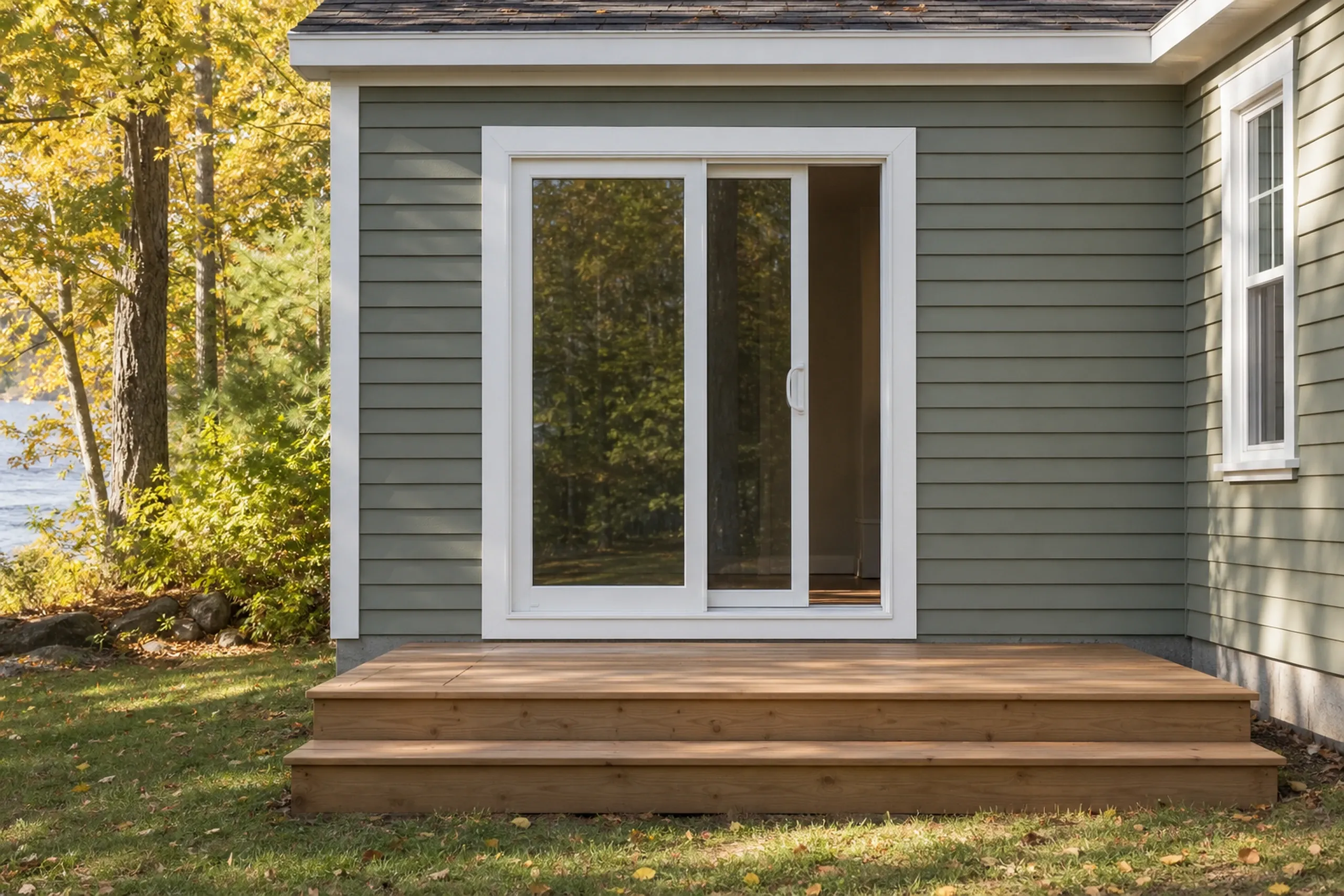 Window replacement in St. George: sage green clapboard wall with a white sliding patio door, a wooden deck with two steps, a double-hung window and yellow leaves in autumn