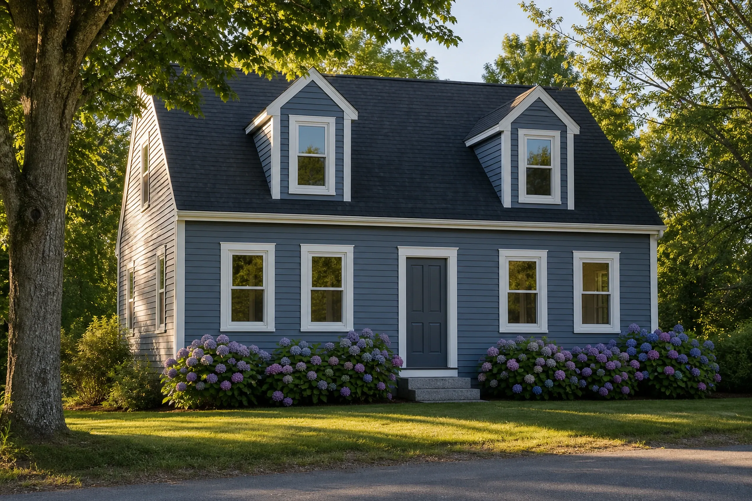 Window replacement in Thomaston: slate blue clapboard Cape house with two dormers, white-trimmed windows, a dark door, granite steps and hydrangeas in bloom