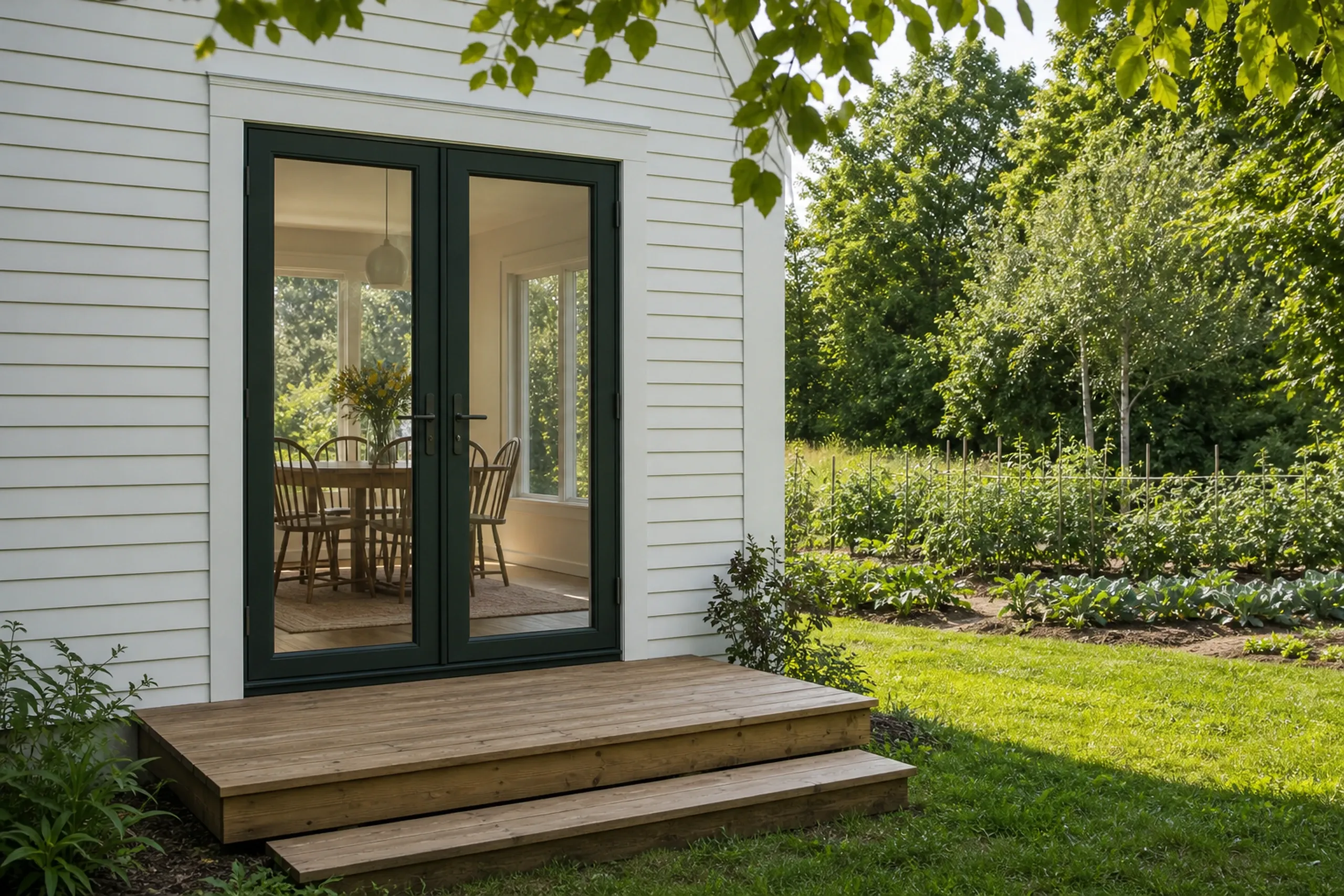 Window replacement in Thomaston: pair of dark green French doors in a white clapboard wall, a wood step platform and a staked vegetable garden on the lawn beside trees
