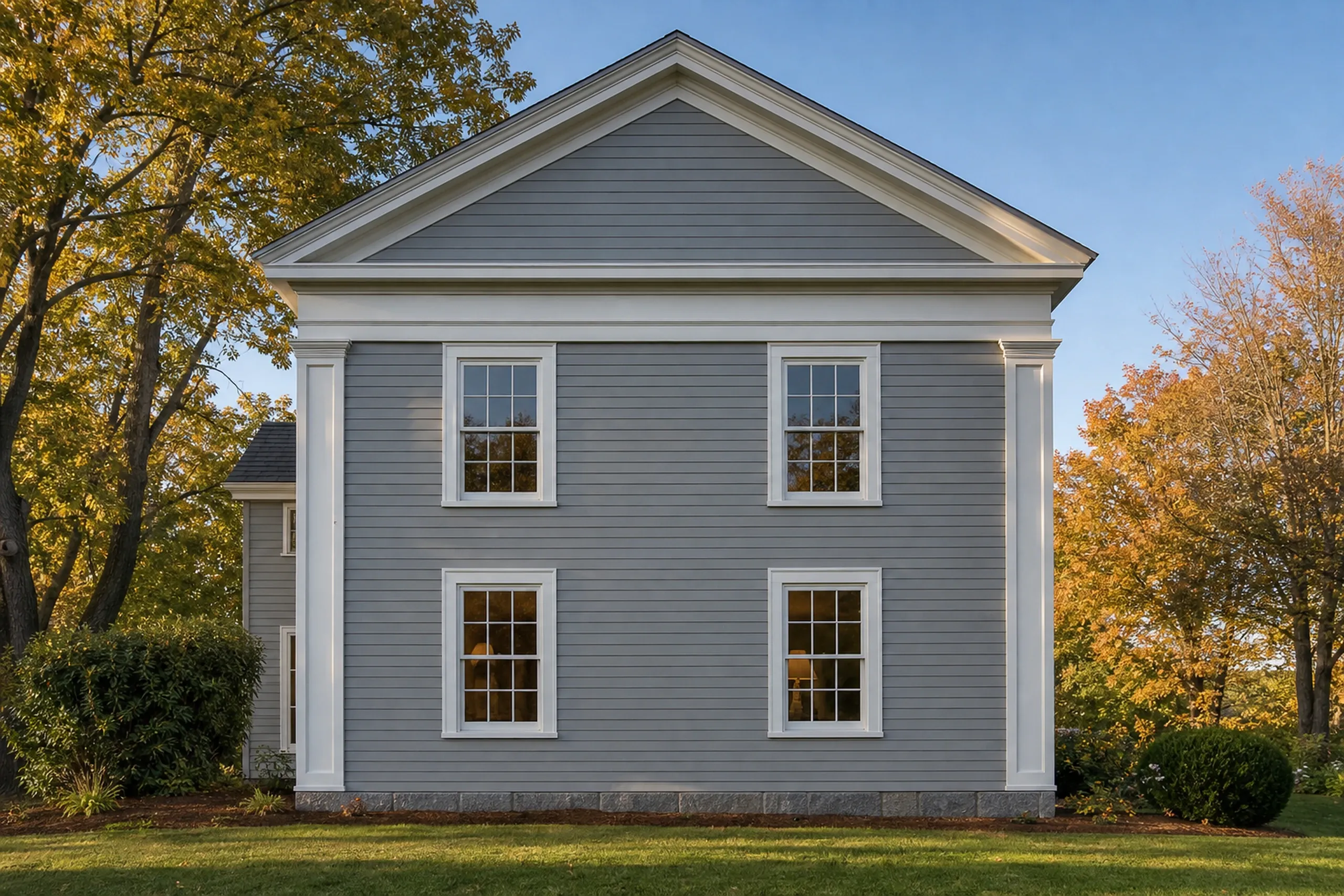 Window replacement in Thomaston: gray clapboard gable end with white corner boards and a pediment, four double-hung windows, a granite foundation and autumn leaves