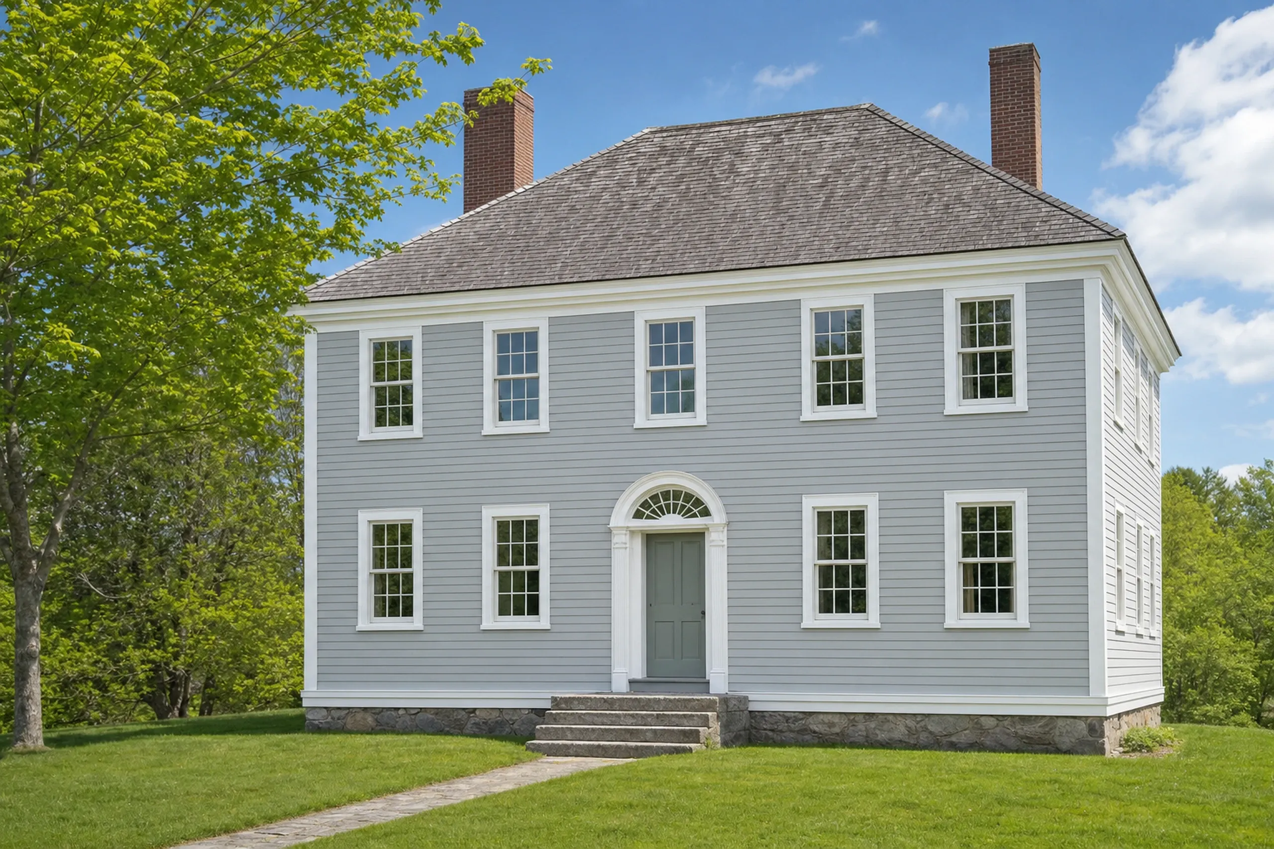 Window replacement in Thomaston, ME: two-story gray clapboard house with a hip roof, two brick chimneys, an arched fanlight over a gray-green door and double-hung windows