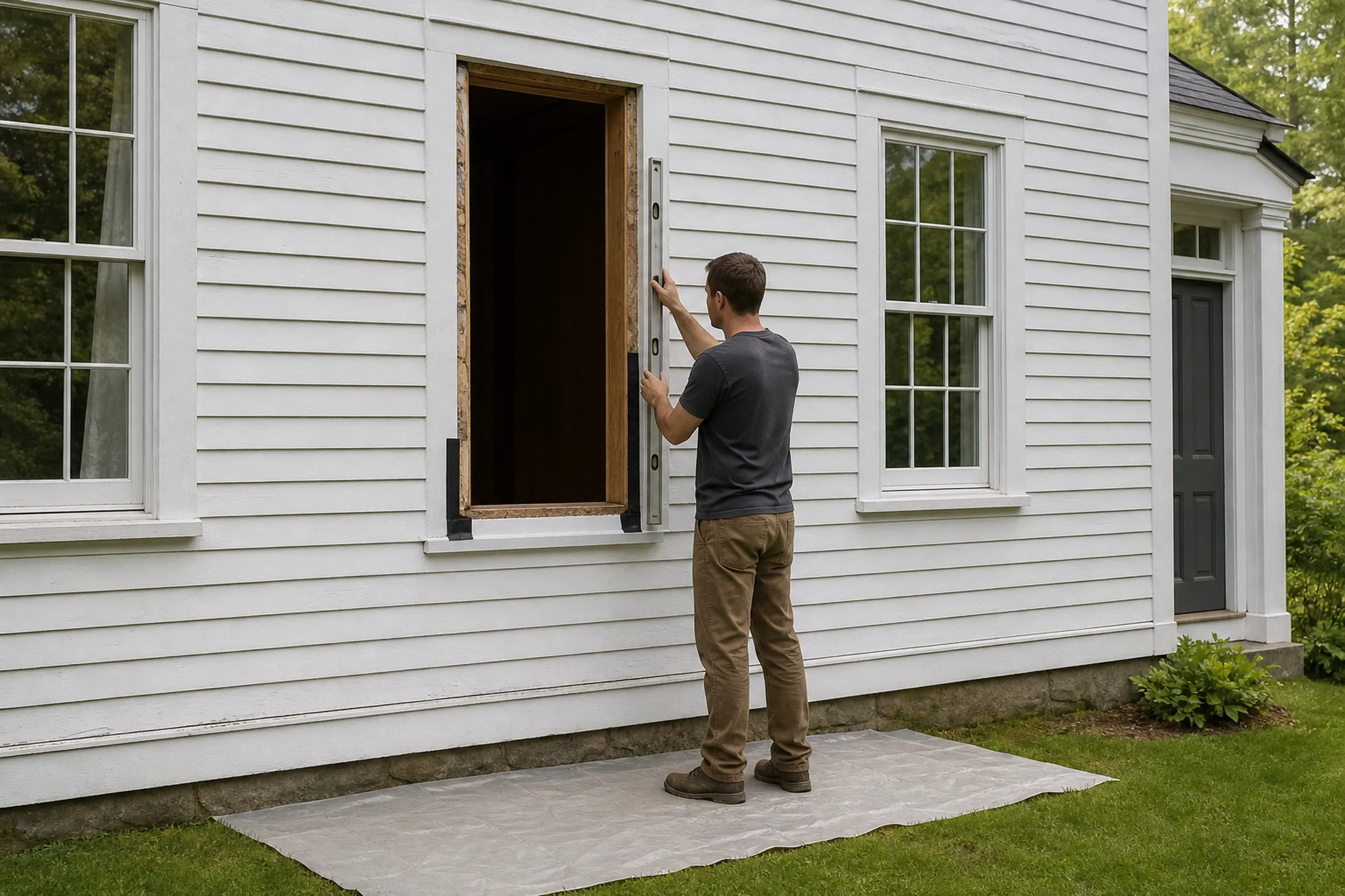 Window replacement in Thomaston: man in a gray t-shirt holding a level against an empty window opening with black tape at the corners, plastic sheeting on the grass below