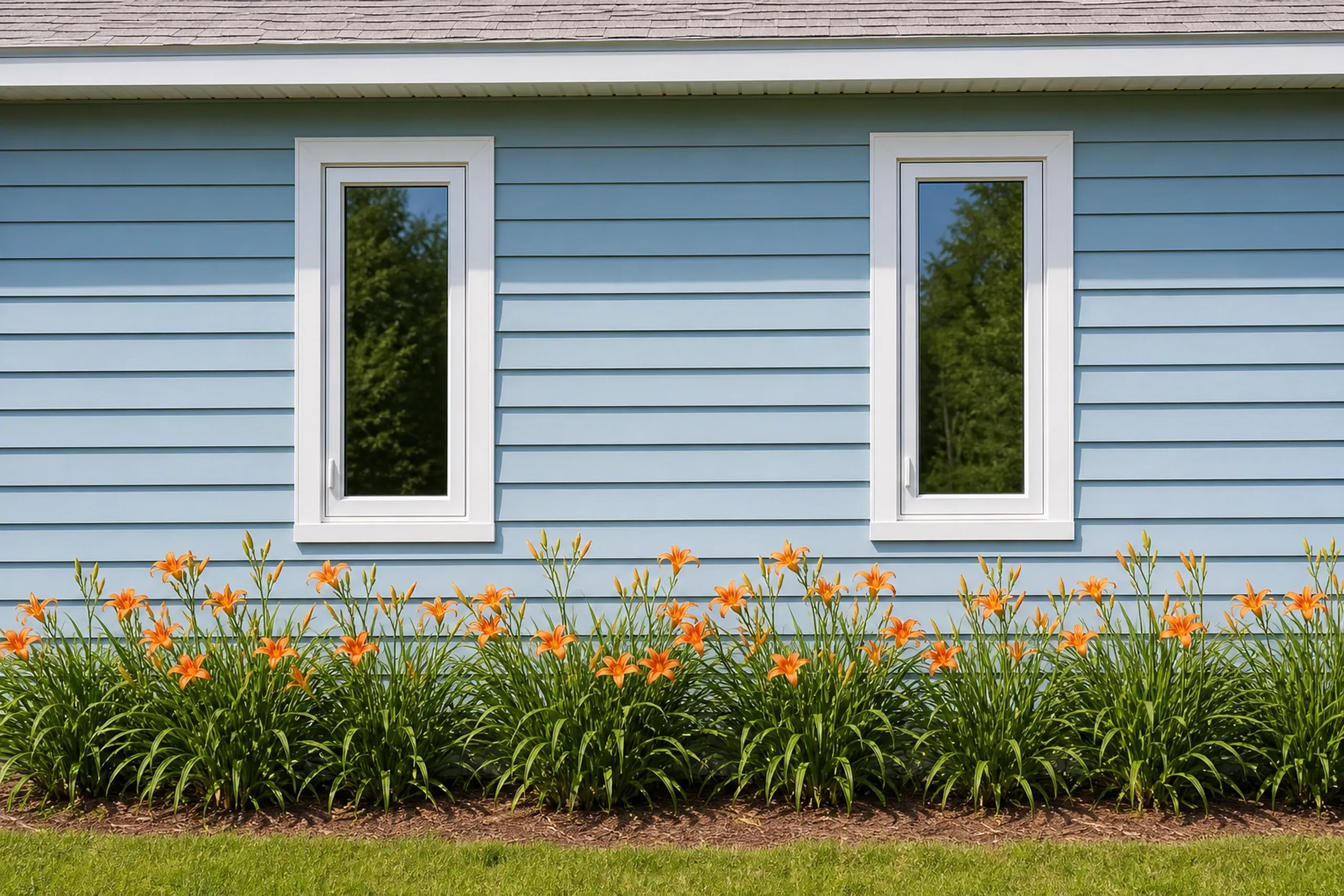 Window replacement in Thomaston: light blue siding with two tall narrow white windows, each with a small handle low on one side, above orange lilies in bloom