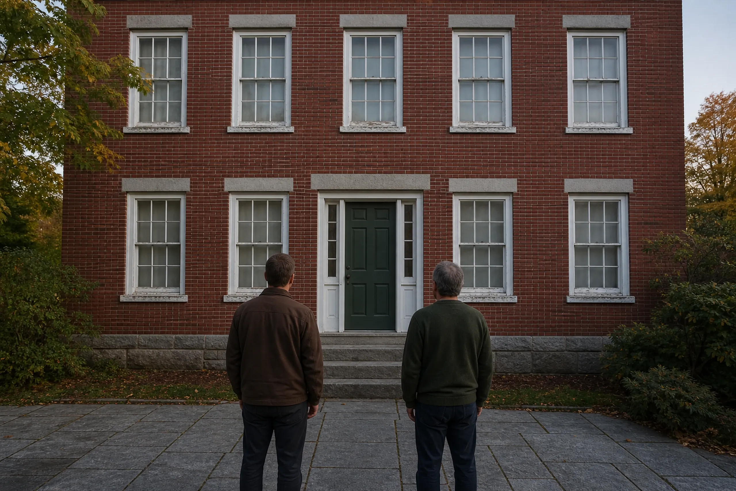 Window replacement in Thomaston first visit: two people seen from behind facing a red brick two-story building with granite lintels, many-paned windows and a dark green door