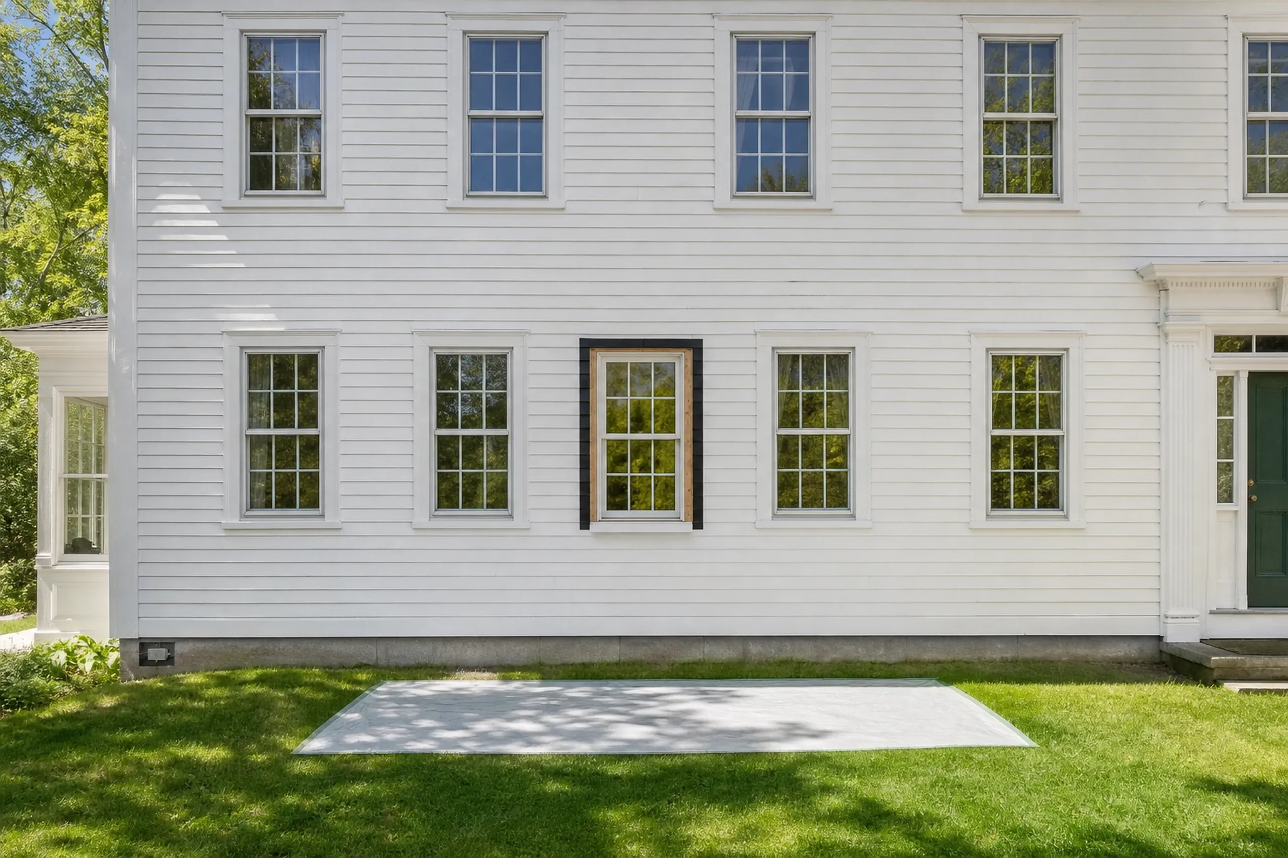 Window replacement in Thomaston in progress: multi-pane double-hung windows on a white clapboard house, one outlined in black tape and raw wood, plastic sheeting on the lawn