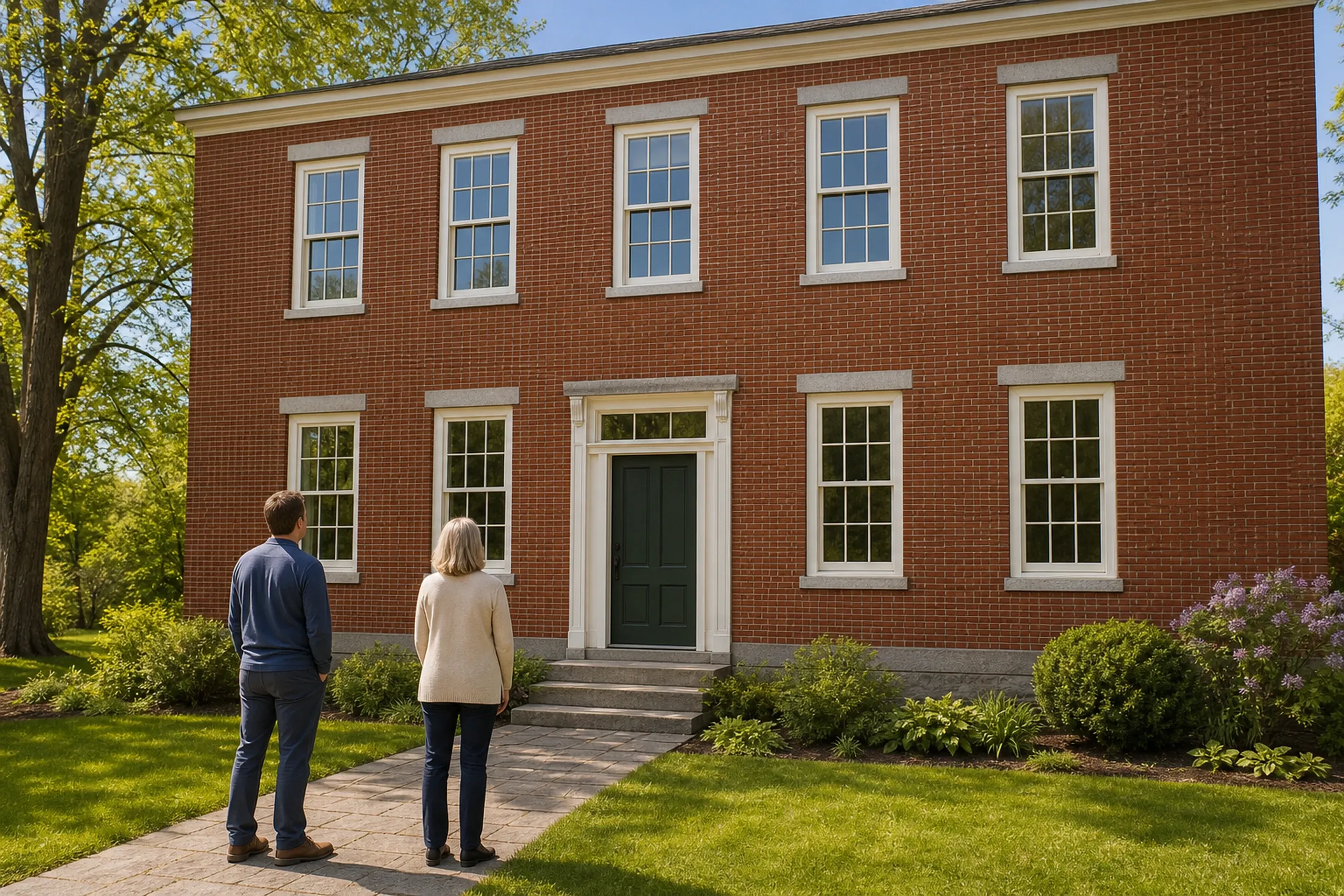 Window replacement in Thomaston: brick two-story house with granite window caps, a dark green door and many-paned windows, two people seen from behind on a stone path