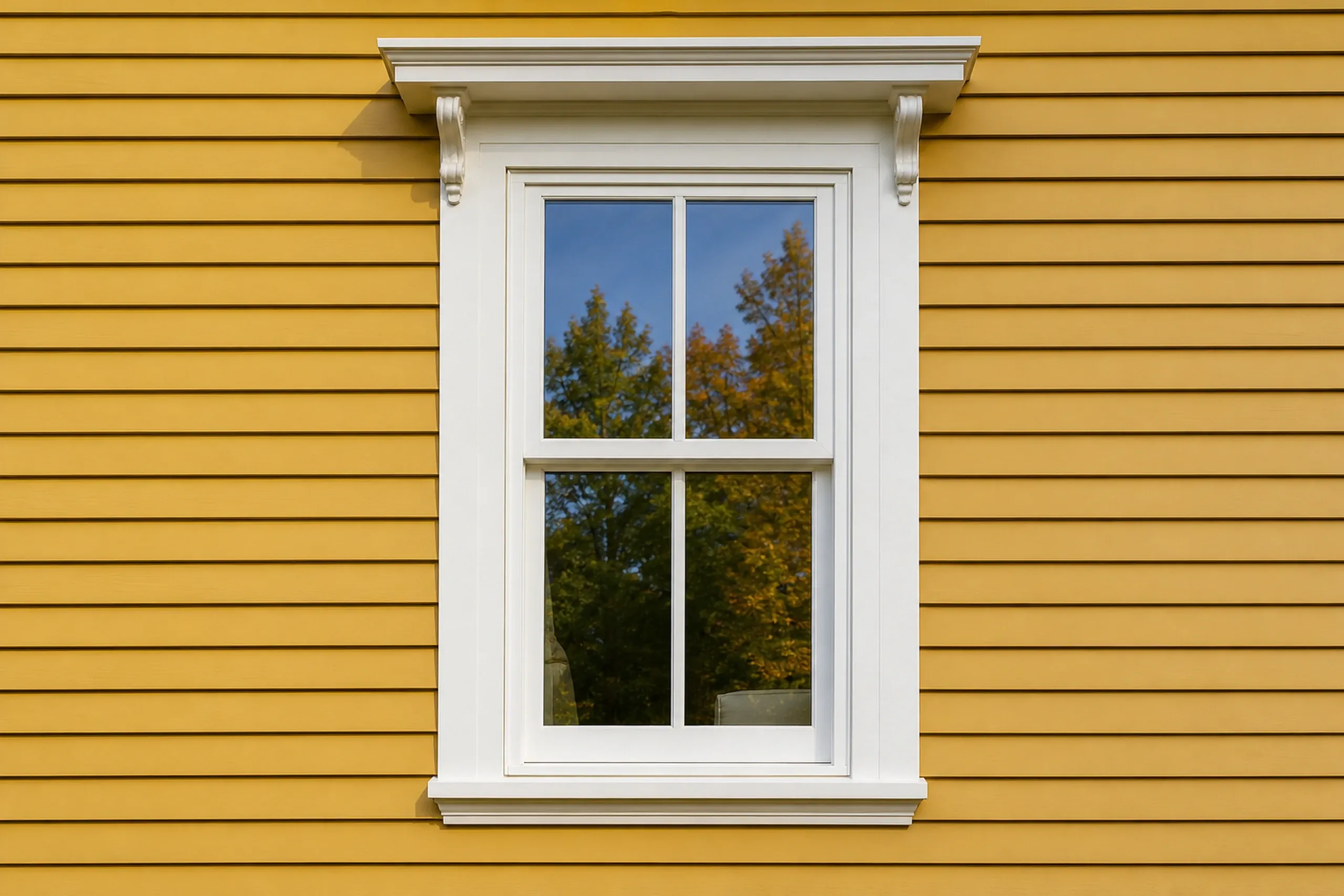 Window replacement in Thomaston: white two-over-two double-hung window with scroll brackets and a flat cap on yellow clapboard, autumn trees reflected in the glass
