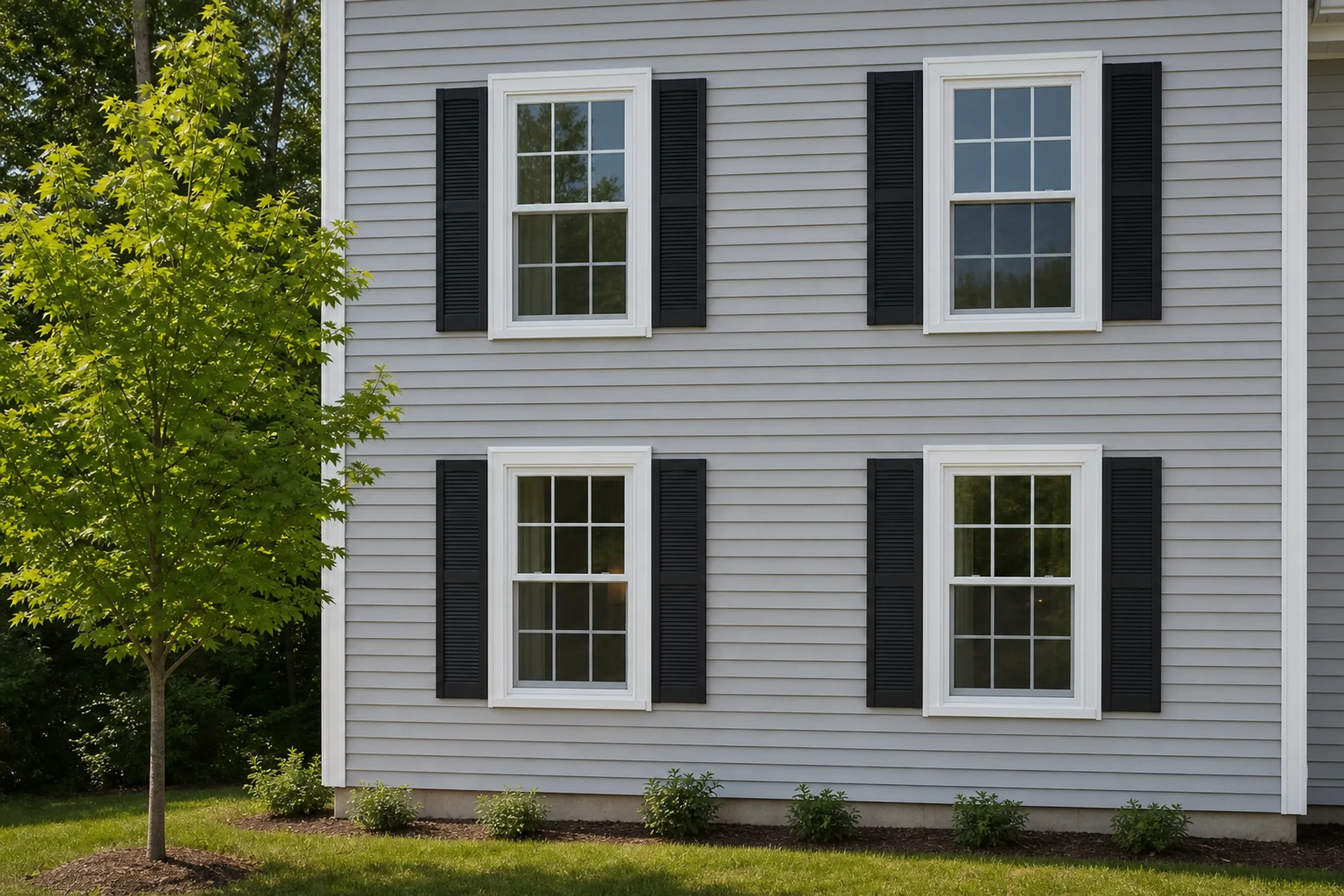 Window replacement in Union: gray siding on a two-story house with four white six-over-six double-hung windows, black louvered shutters and a young maple