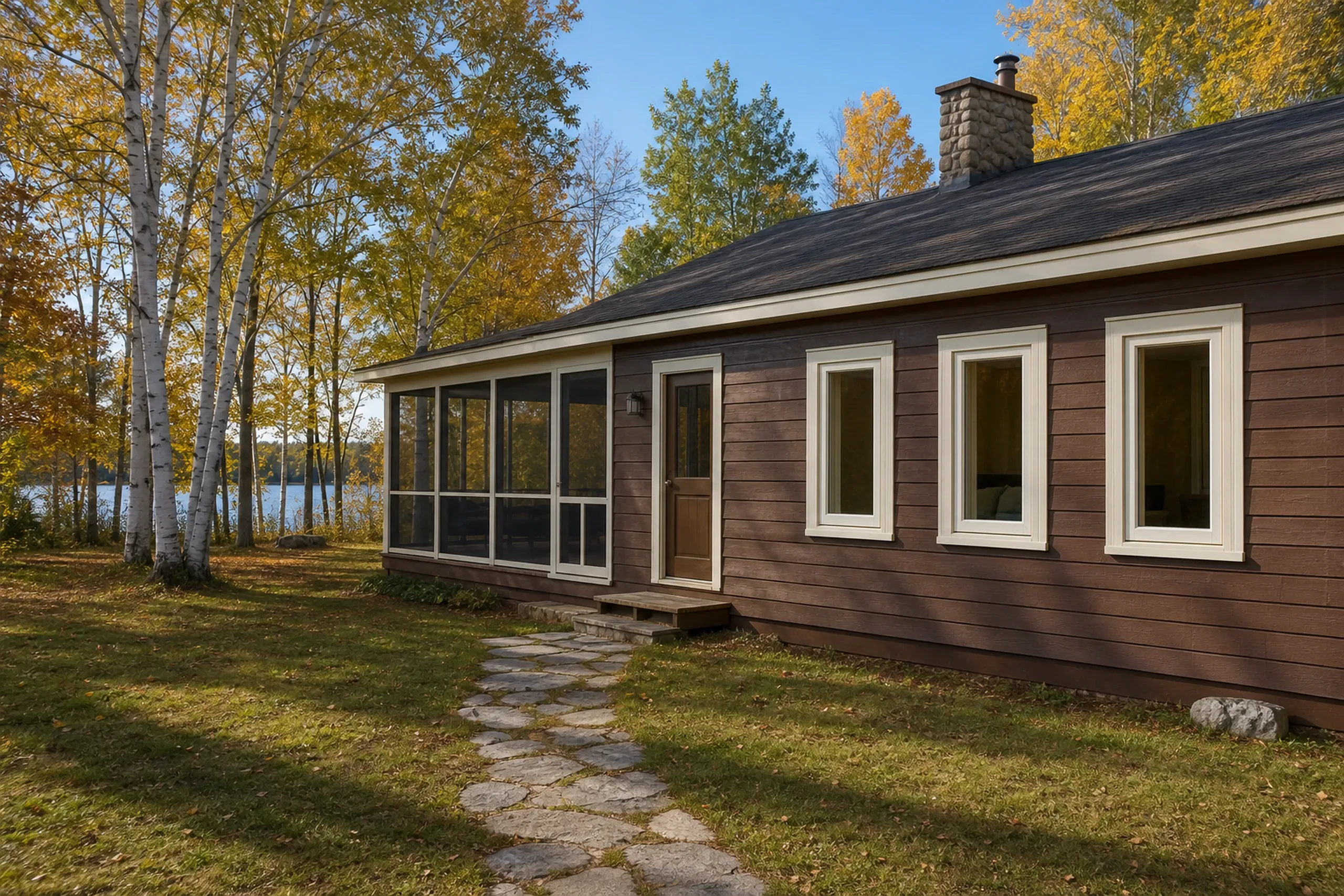Window replacement in Union: single-story brown house with a screened porch, a wood door and three white-trimmed windows, among yellow birch trees by a lake in autumn