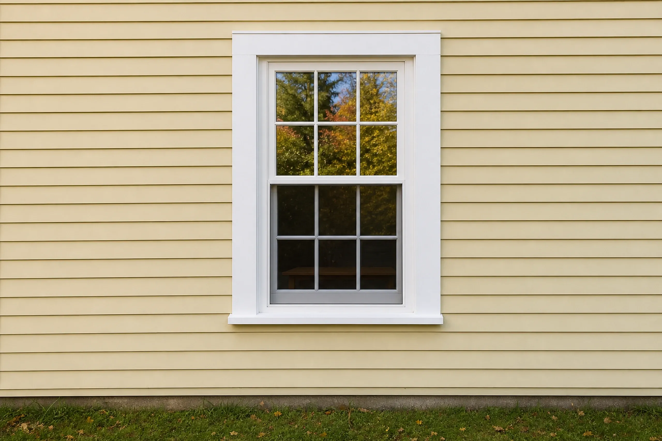 Window replacement in Union: white six-over-six double-hung window with flat trim on pale yellow clapboard, autumn trees in the glass, a few leaves on the grass