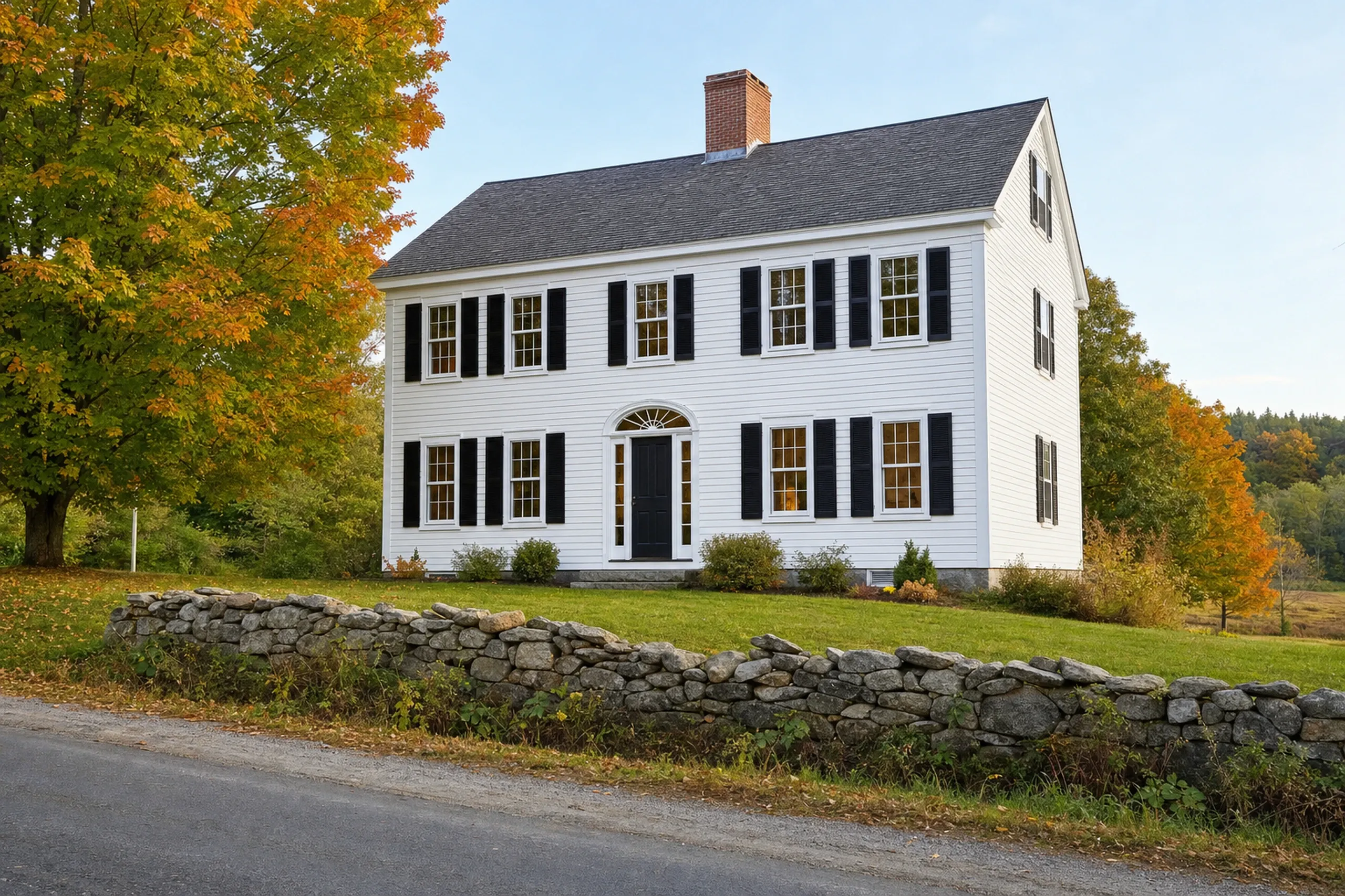 Window replacement in Union, ME: white two-story clapboard house with black shutters, a dark door under an arched fanlight, a brick chimney and a maple in autumn