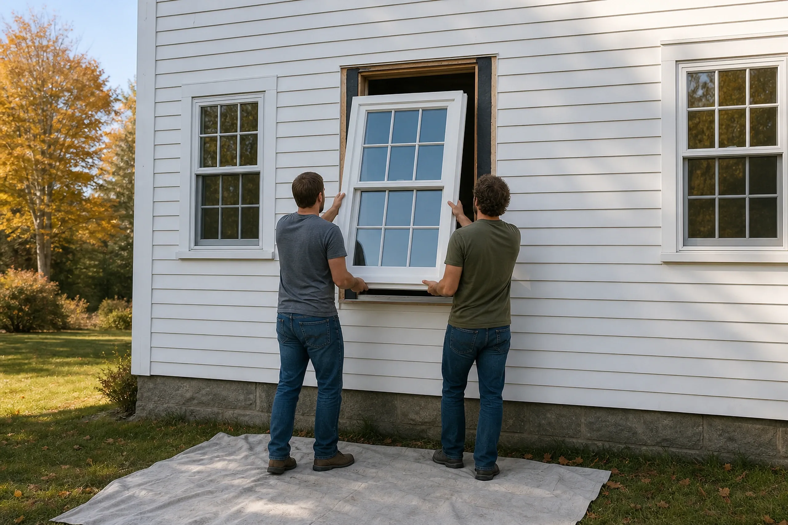 Window replacement in Union: two people seen from behind lifting a white six-over-six window into a black-taped opening on a white clapboard house