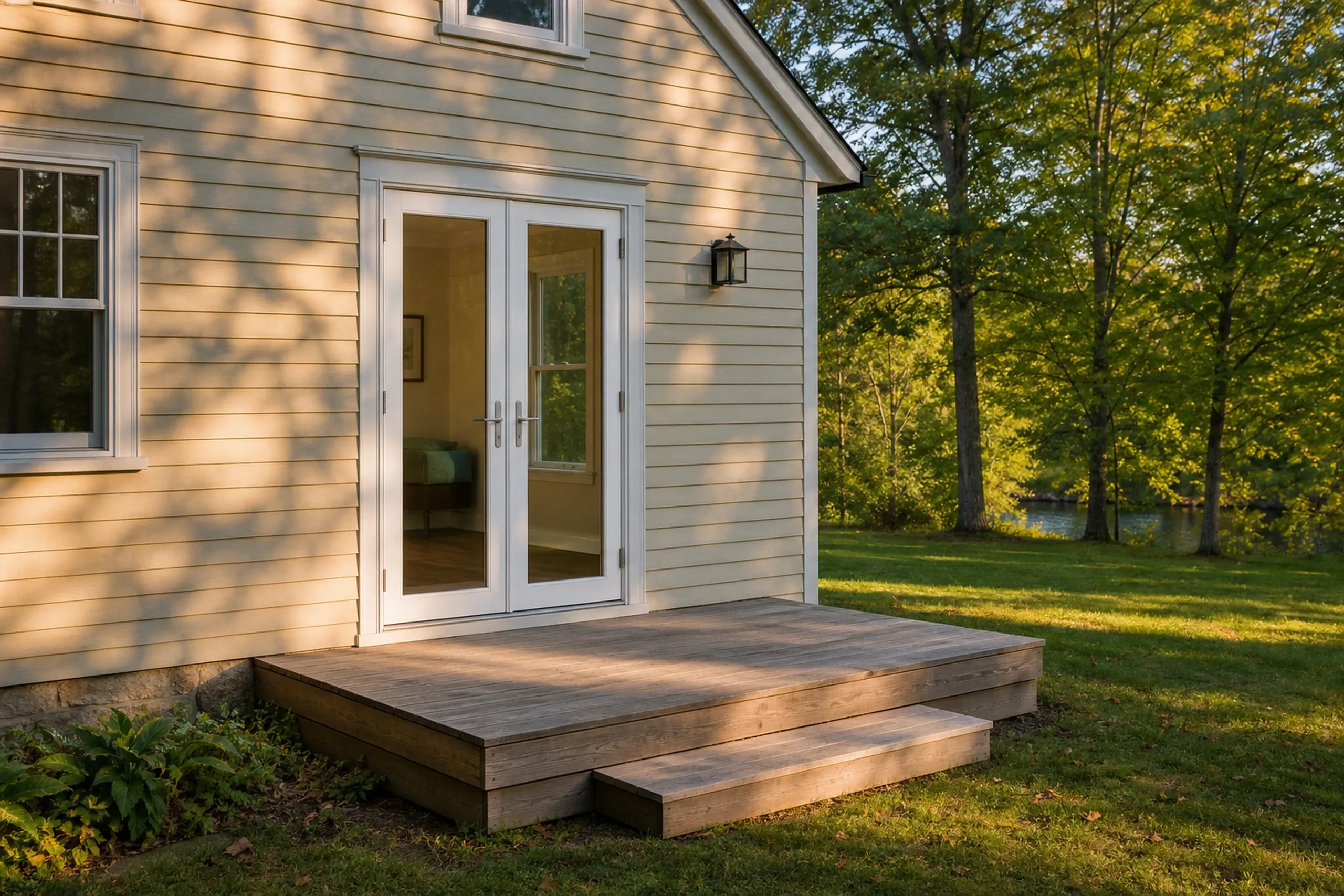 Window replacement in Union: pair of white French doors on a cream clapboard house opening to a weathered wood deck with one step, a wall lantern and water beyond