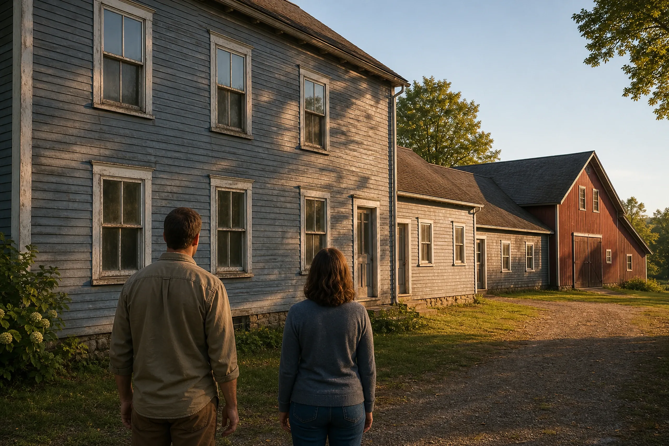 Window replacement in Union first visit: weathered gray clapboard farmhouse with peeling trim and old windows, joined to a red barn, with two people seen from behind on the lawn