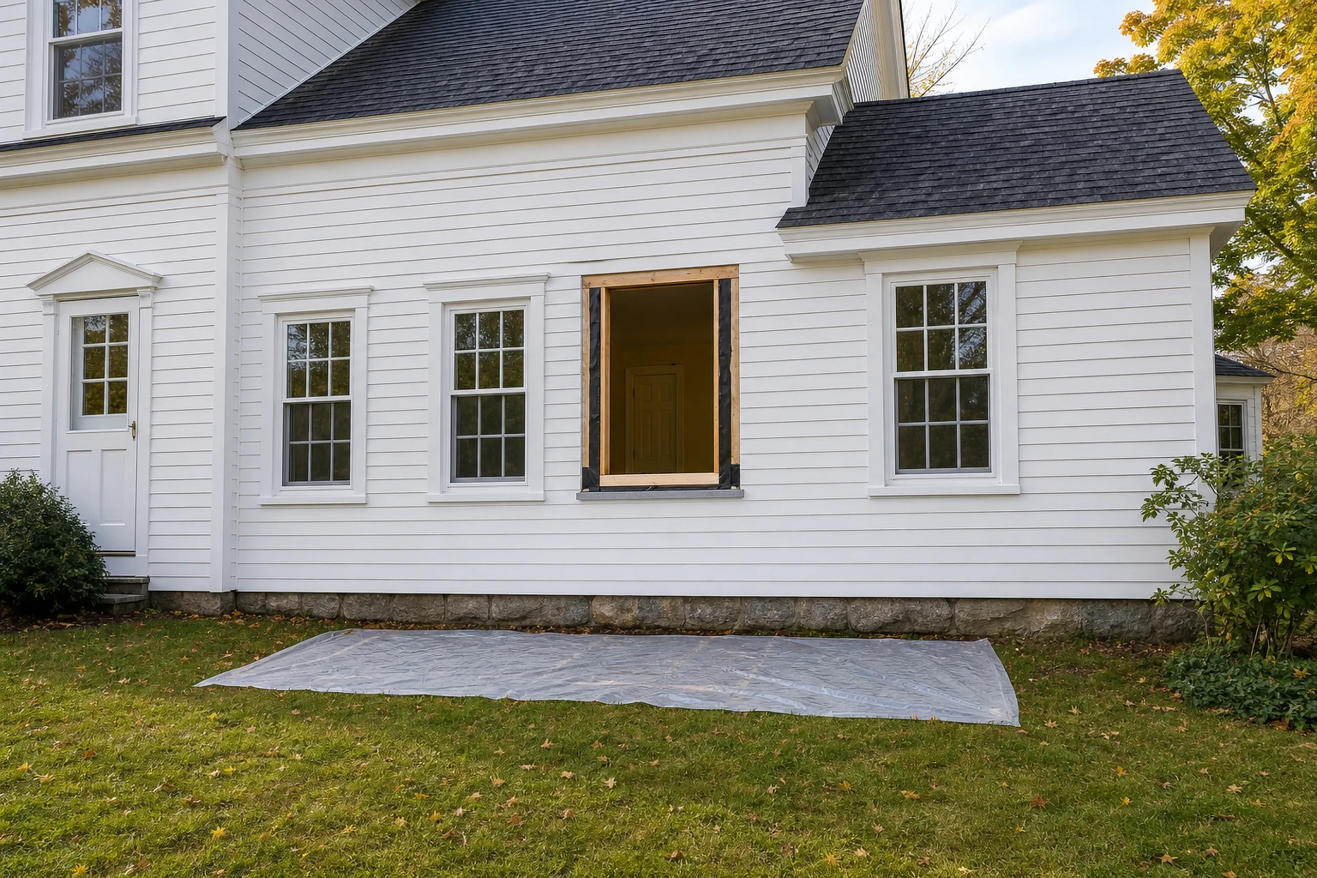 Window replacement in Union in progress: window opening framed in raw wood and black tape on a white clapboard house, multi-pane windows beside it and plastic sheeting on the grass