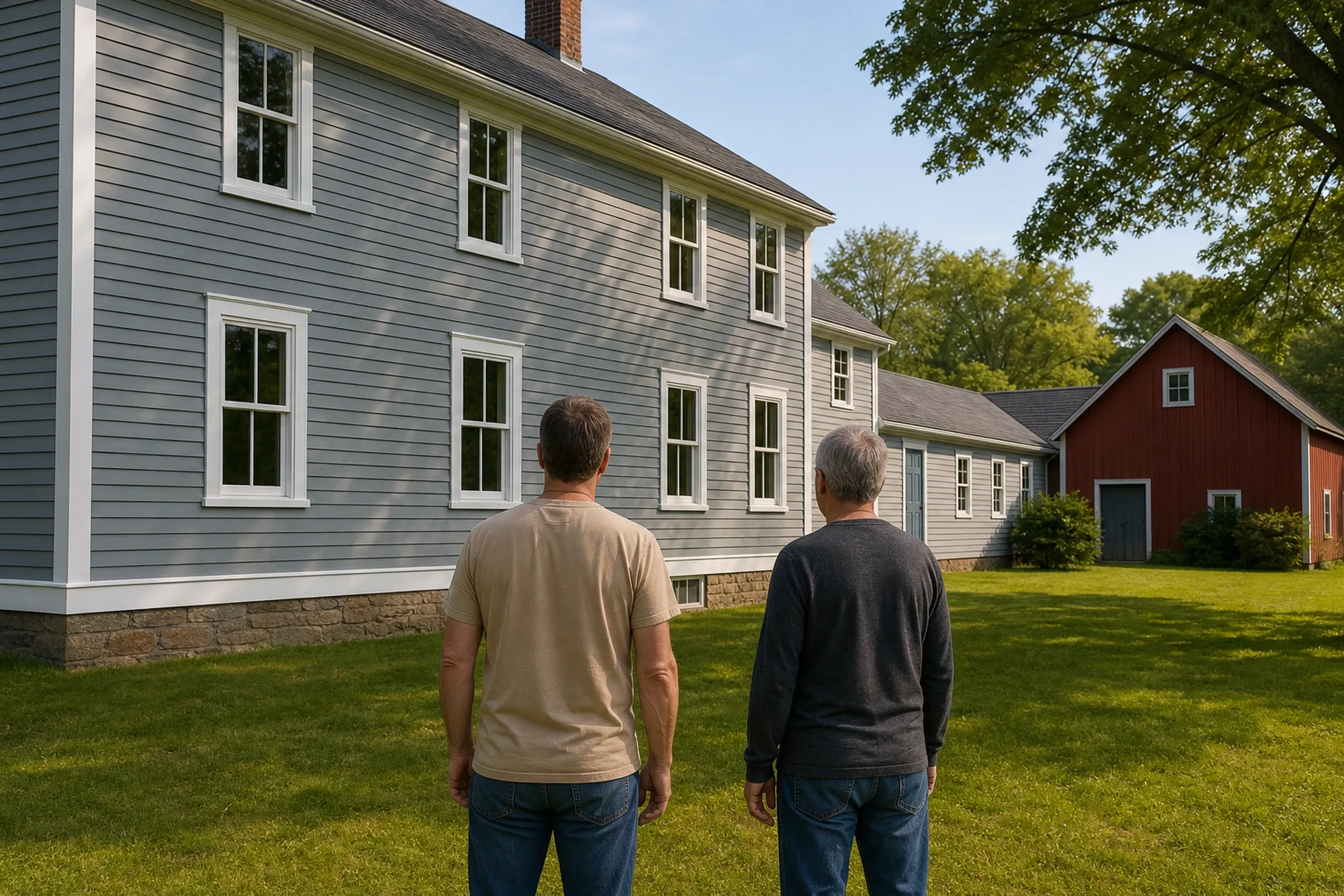 Window replacement in Union final walkthrough: gray clapboard farmhouse with white-trimmed windows joined to a red barn, seen over the shoulders of two people standing on the lawn