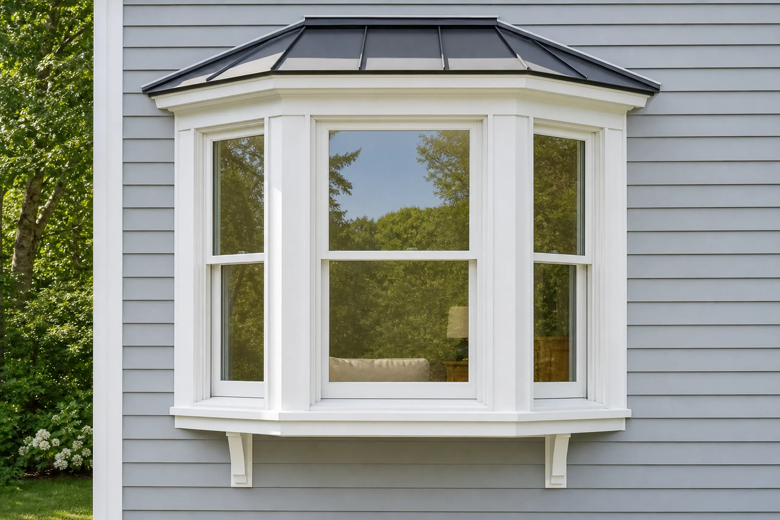 Window replacement in Union: white bay window with three one-over-one double-hung units and a dark metal roof on gray clapboard, with shrubs and trees at left