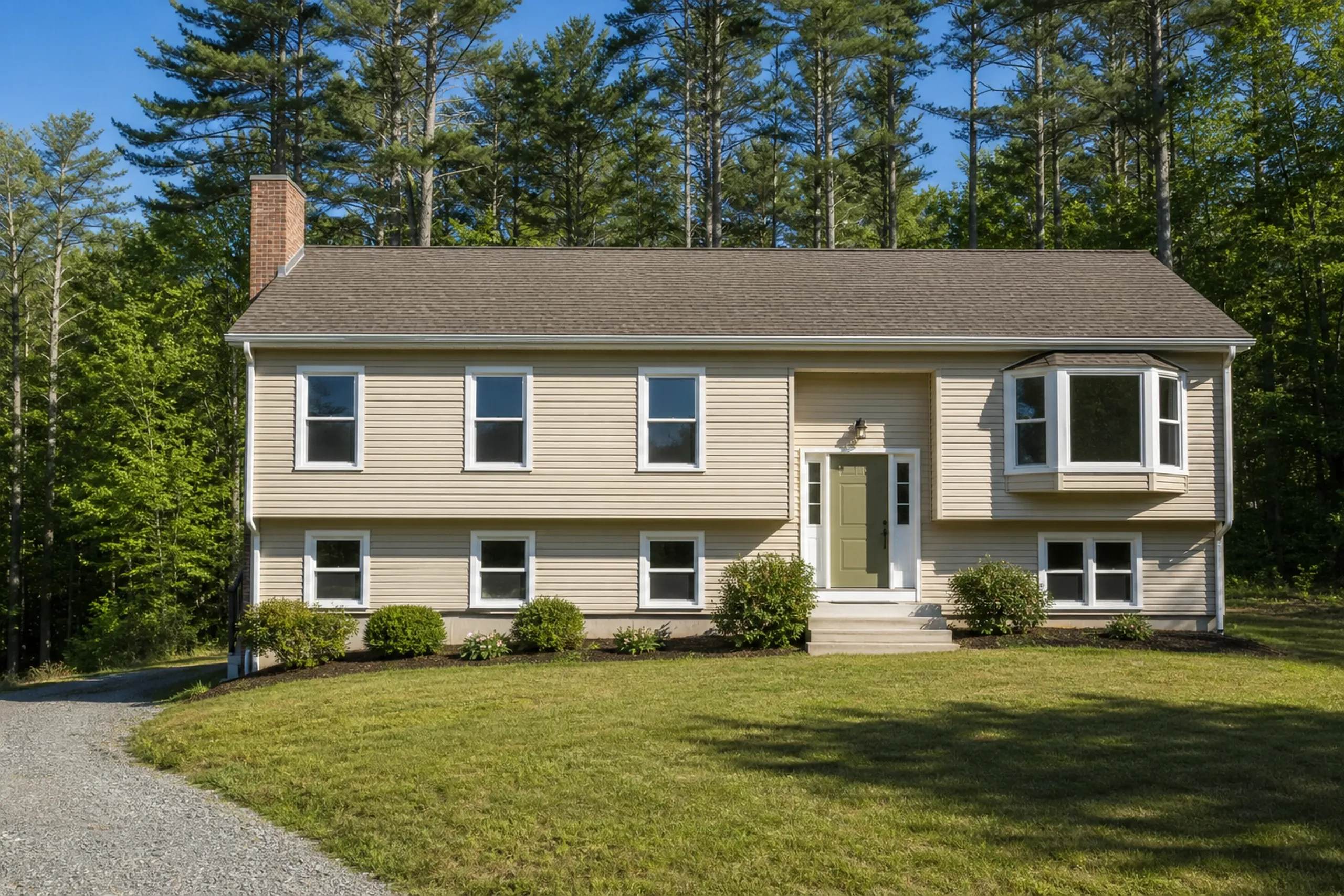 Window replacement in Waldoboro: split-level house with tan siding, white-trimmed windows, a corner bay window, a sage green front door and a brick chimney among tall pines