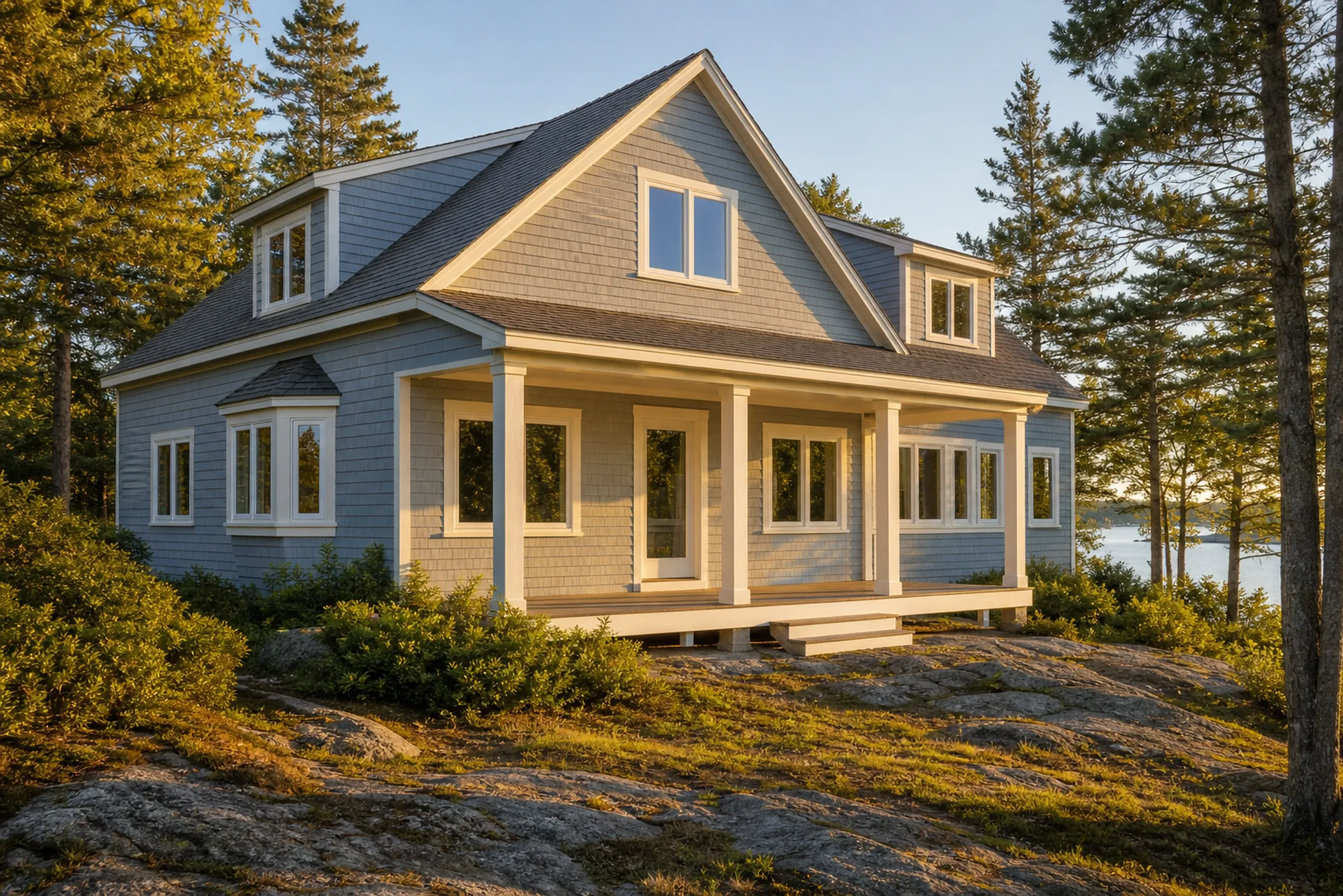 Window replacement in Waldoboro: gray shingled house with a covered porch on white posts, a corner bay window and dormers, on granite ledge with pines and water at right