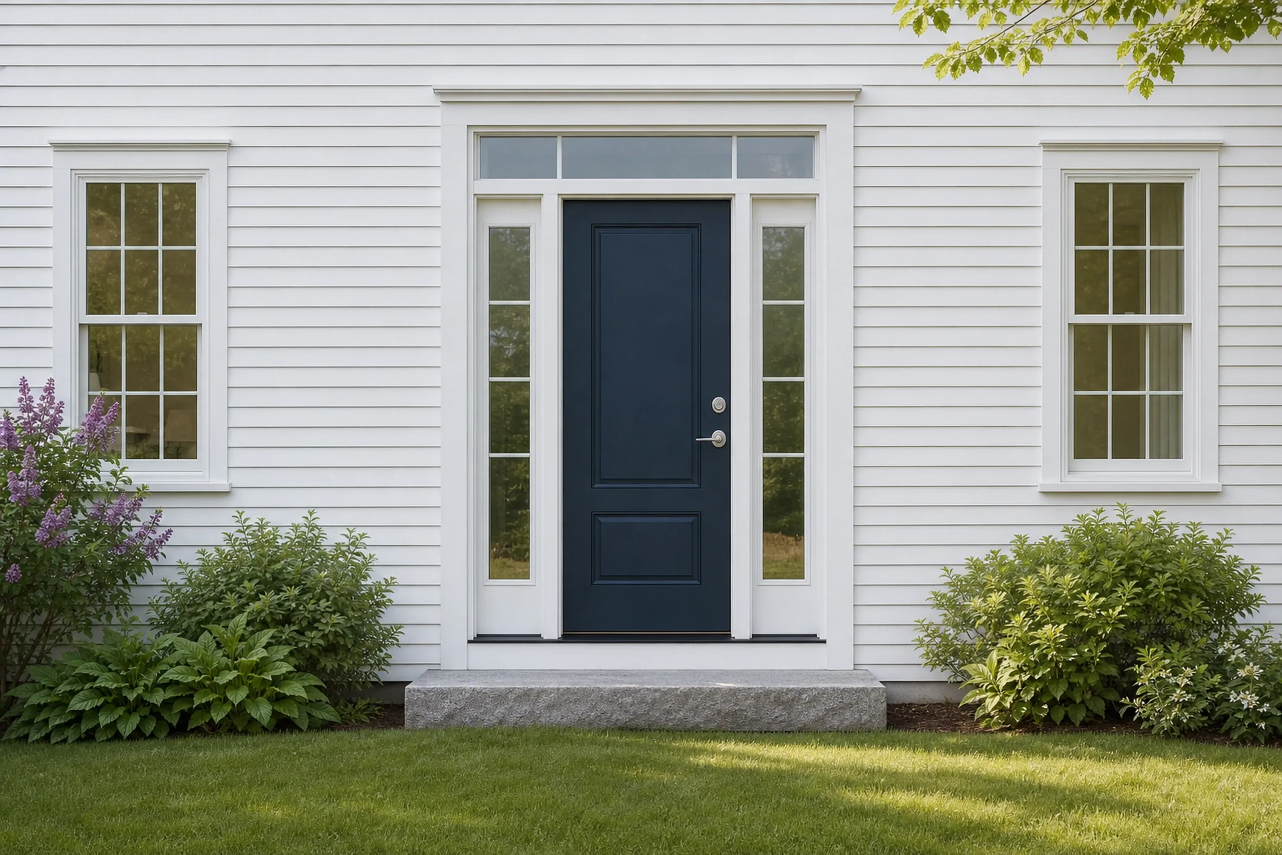 Window replacement in Waldoboro: navy front door with narrow glass sidelights and a transom in a white clapboard wall, two double-hung windows and a blooming lilac