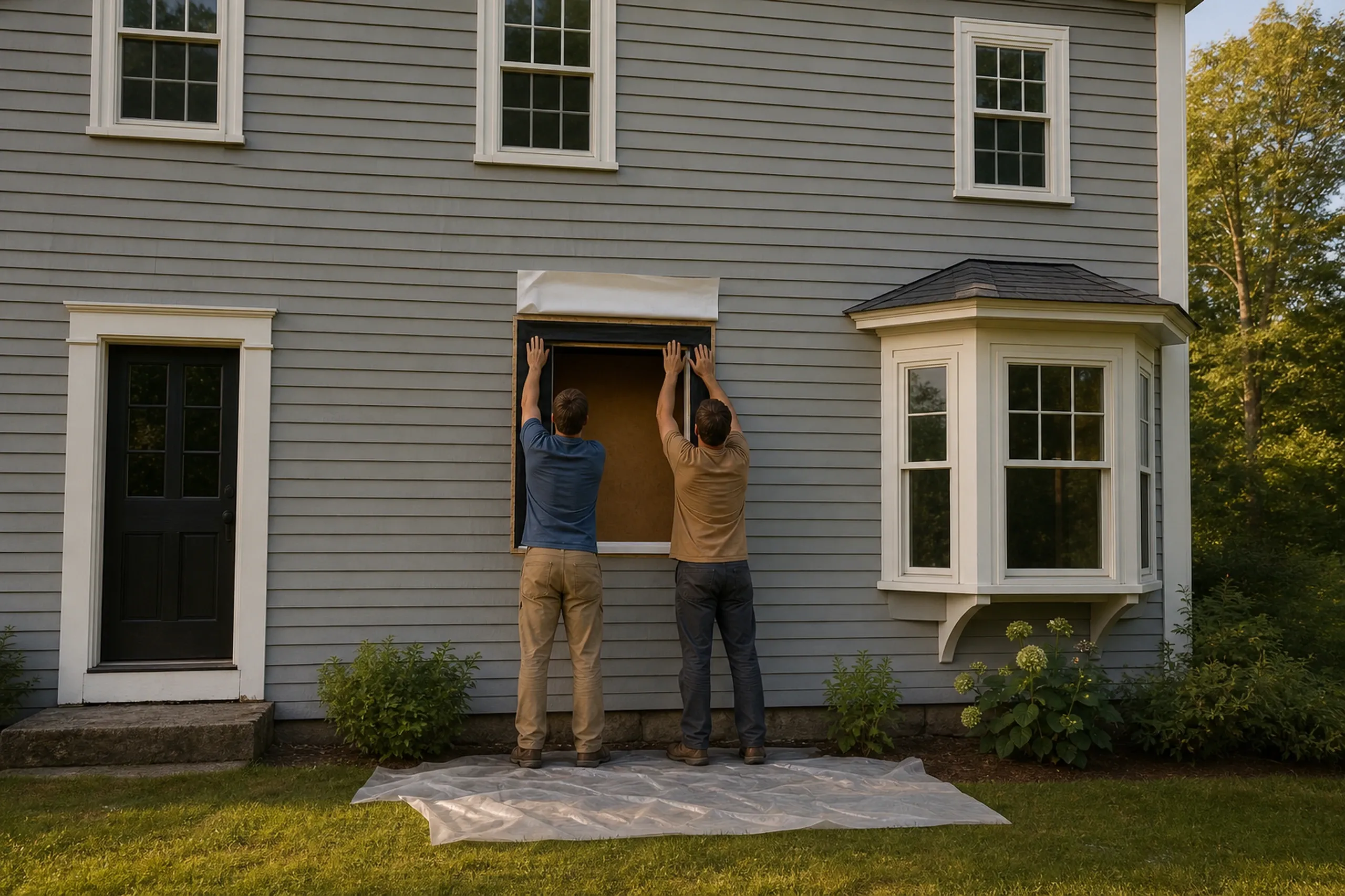Window replacement in Waldoboro: two people seen from behind with raised hands at a window opening wrapped in black tape, a white flap above it, on a gray clapboard house