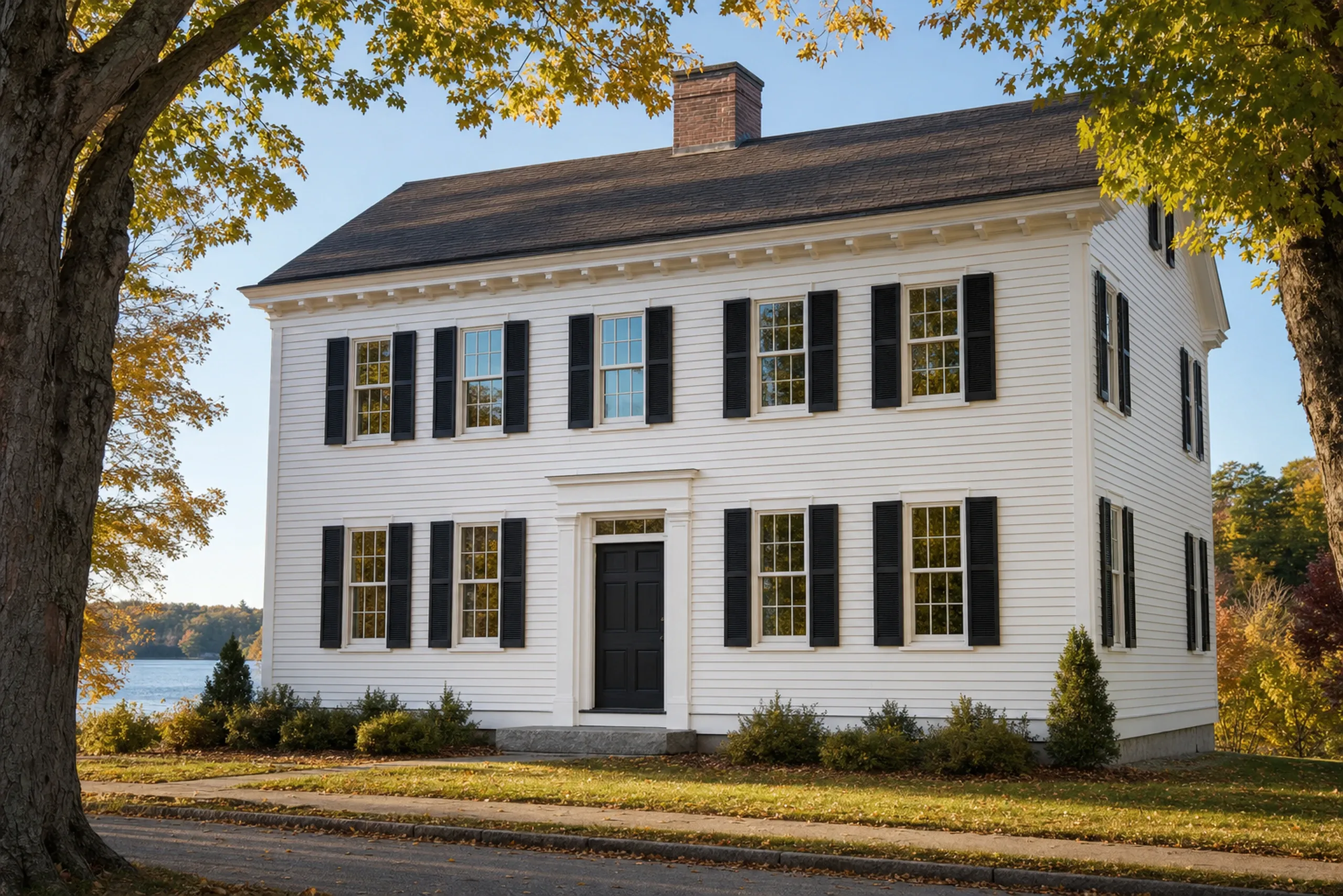 Window replacement in Waldoboro, ME: white clapboard colonial with black shutters, a framed black door, a brick chimney and yellow maple leaves in autumn, with a lake behind