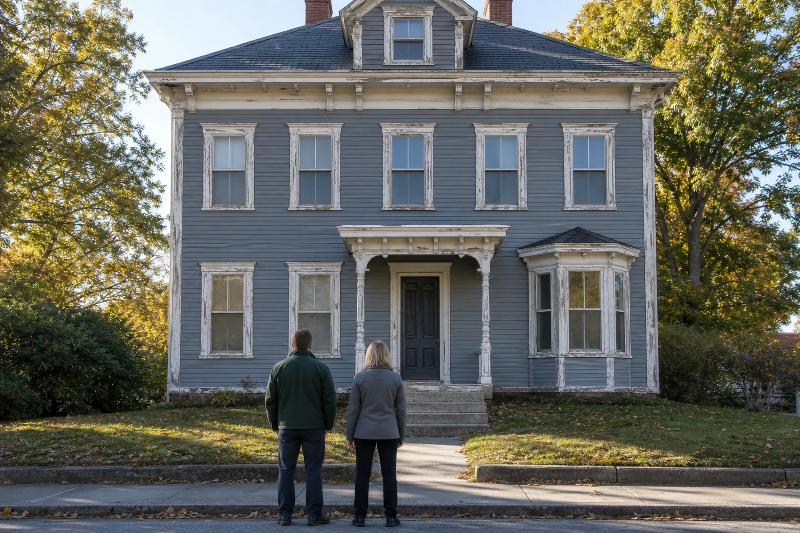 Window replacement in Waldoboro first visit: two people seen from behind on a sidewalk facing a gray two-story house with peeling white trim, a bracketed porch and a bay window