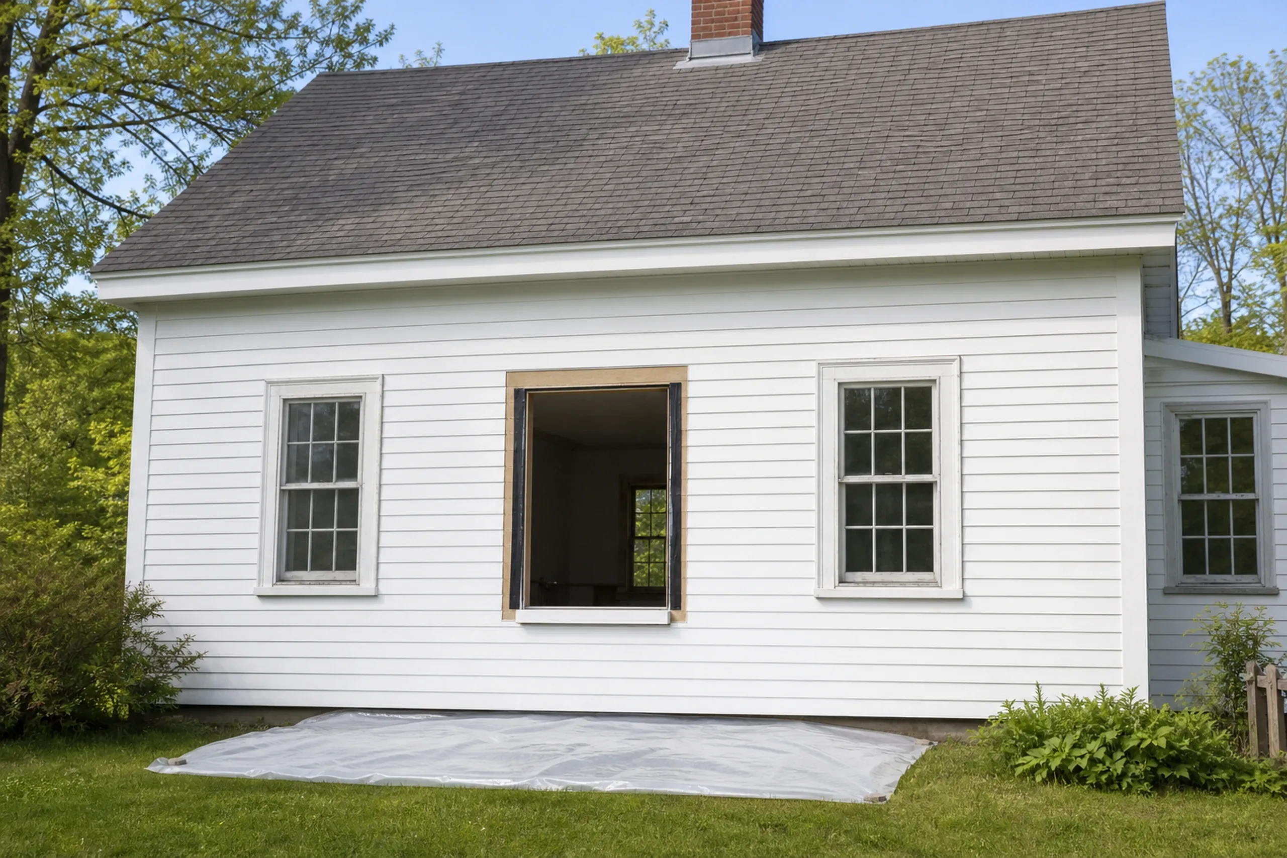 Window replacement in Waldoboro: small white clapboard house with an empty window opening between two double-hung windows, black tape at its sides, plastic sheeting below