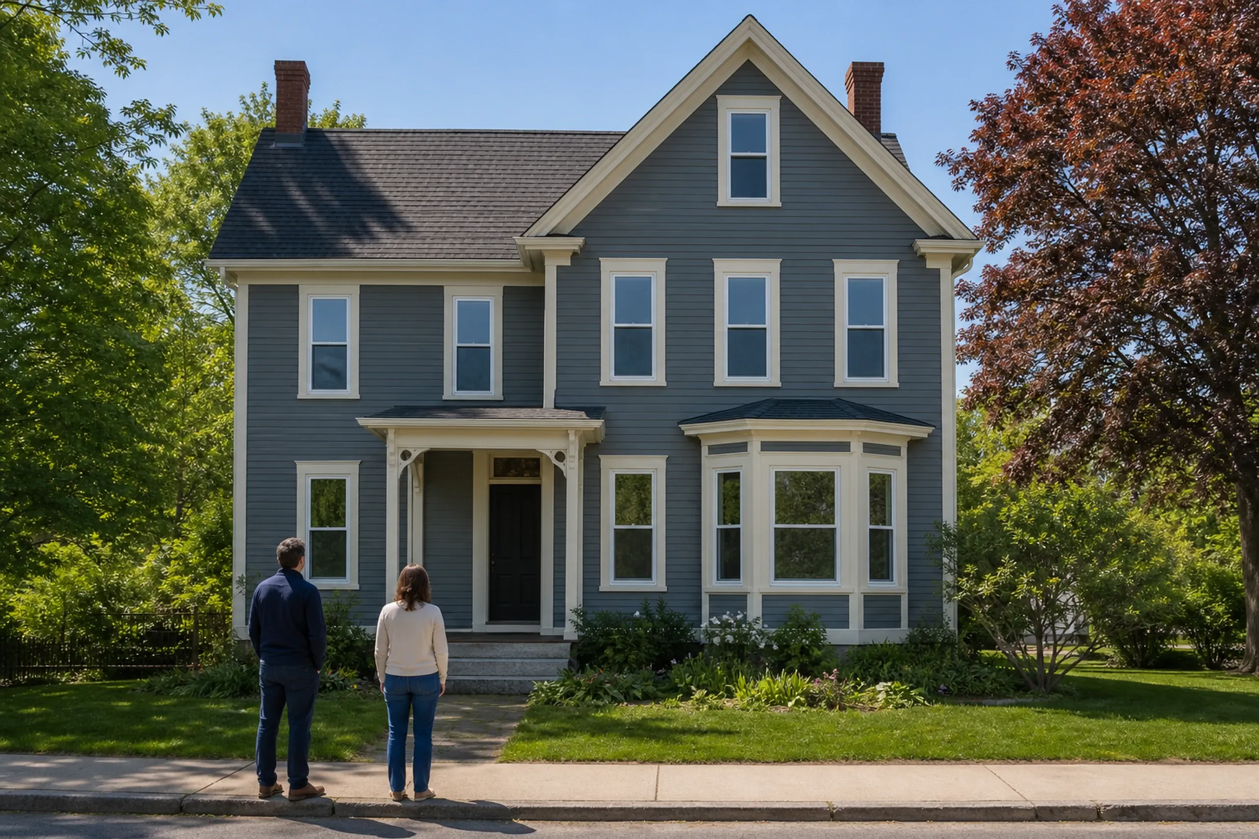 Window replacement in Waldoboro final walkthrough: gray two-story house with cream trim, an entry porch with scrollwork, a bay window and a black door, two people seen from behind