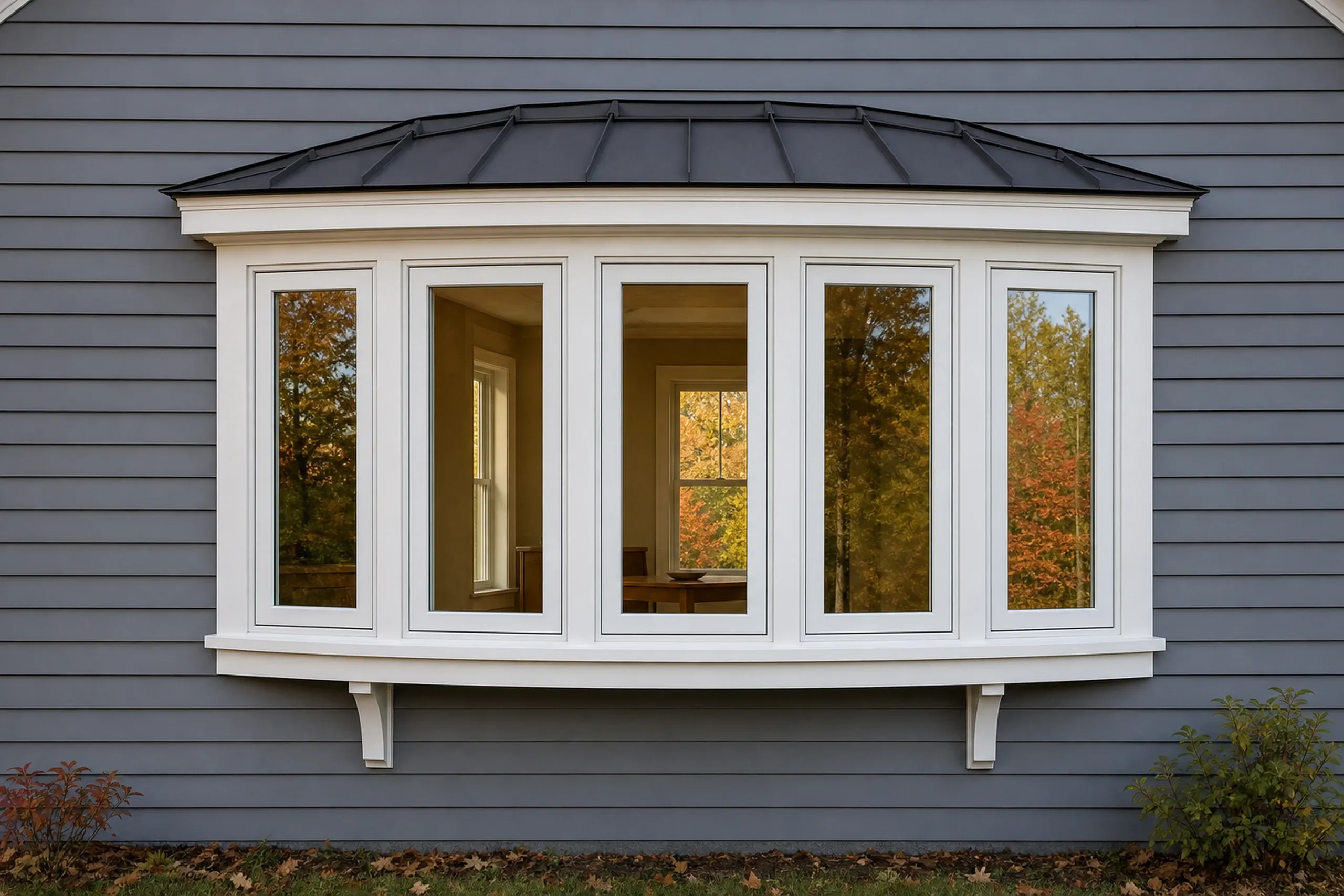 Window replacement in Waldoboro: five-section white bow window with a dark metal roof and brackets on gray clapboard, autumn trees reflected in the glass