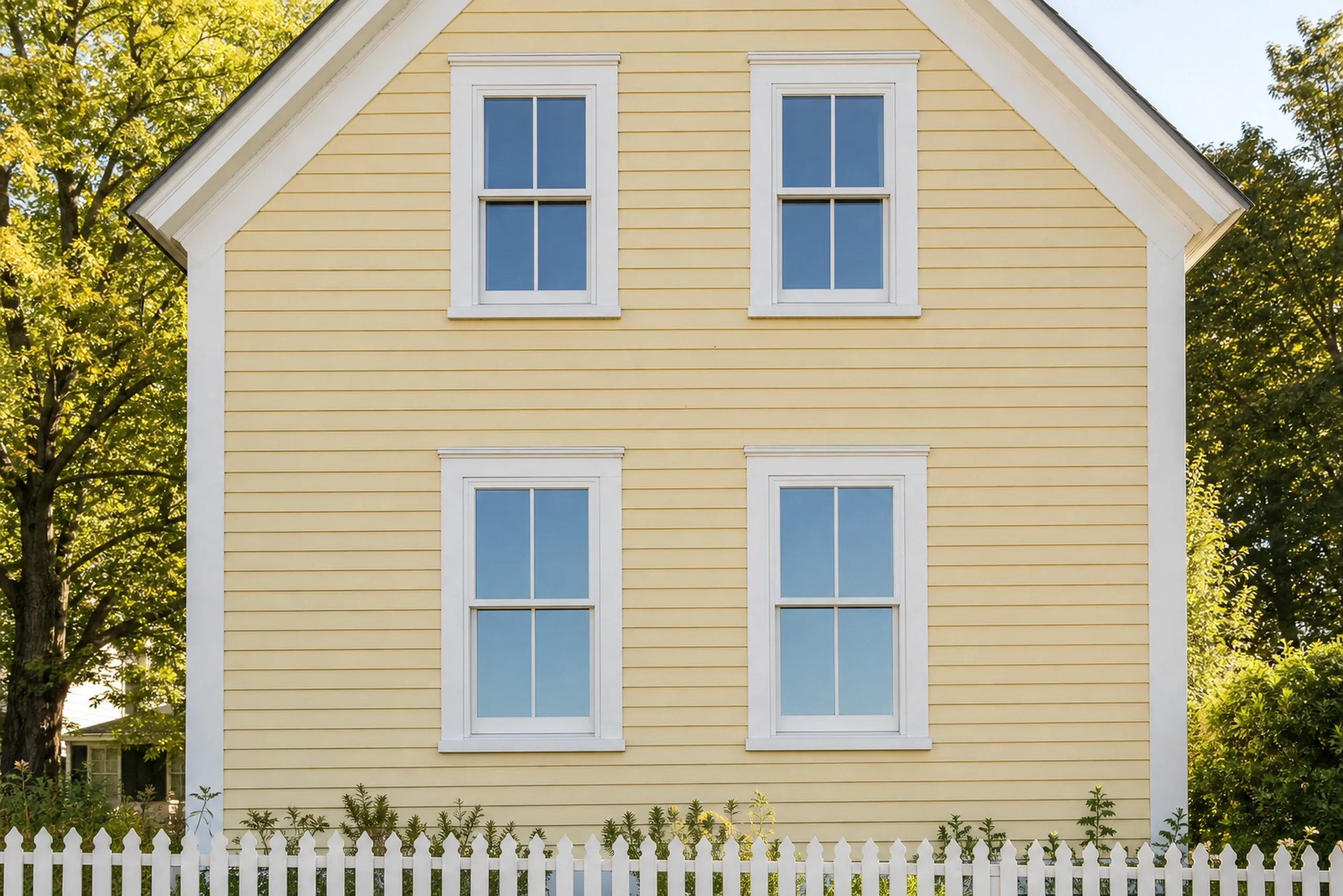 Window replacement in Waldoboro: pale yellow clapboard gable end with four white-trimmed two-over-two double-hung windows and a white picket fence in front