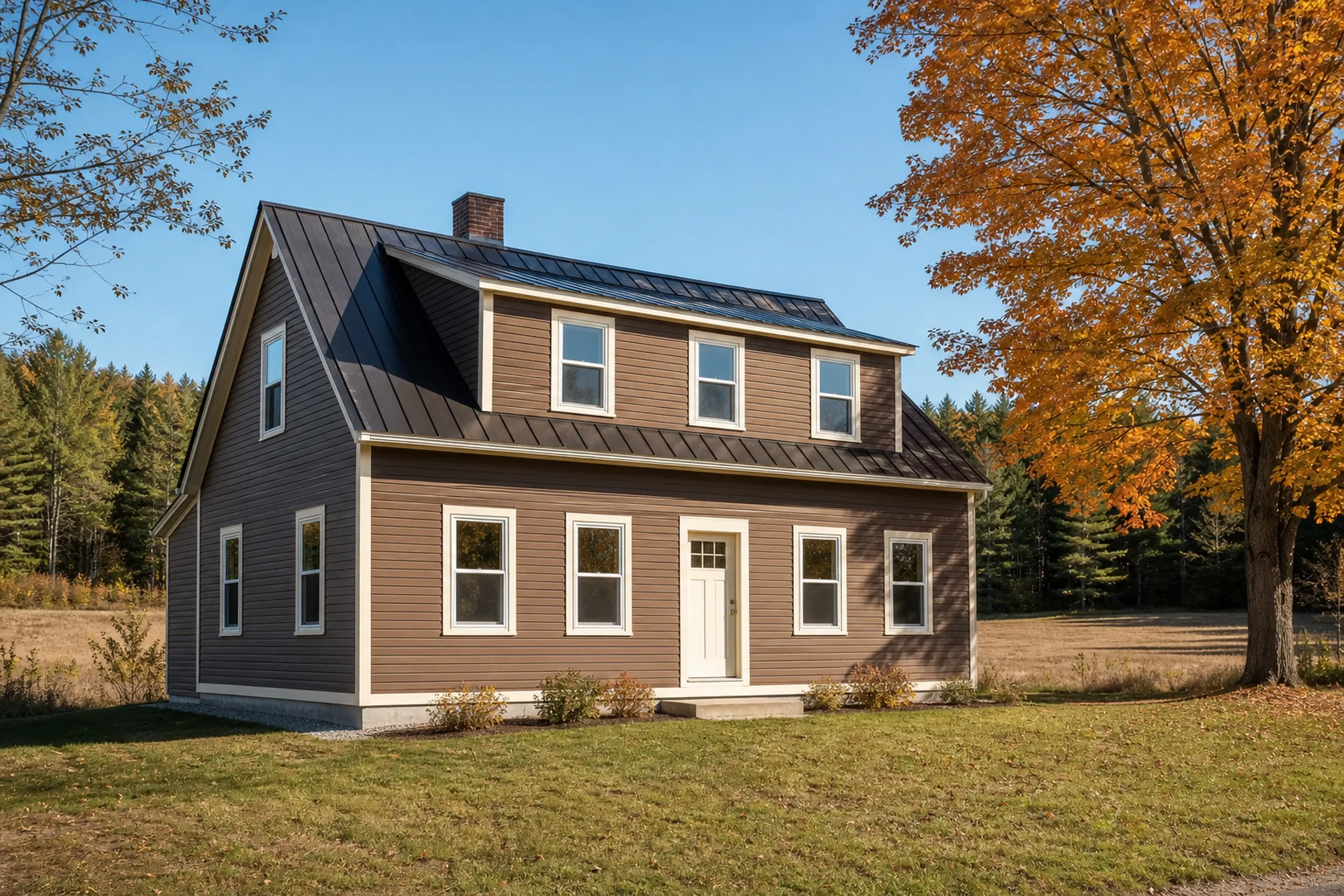 Window replacement in Warren: brown clapboard Cape house with a dark metal roof, a shed dormer, white-trimmed double-hung windows, a white door and an orange maple